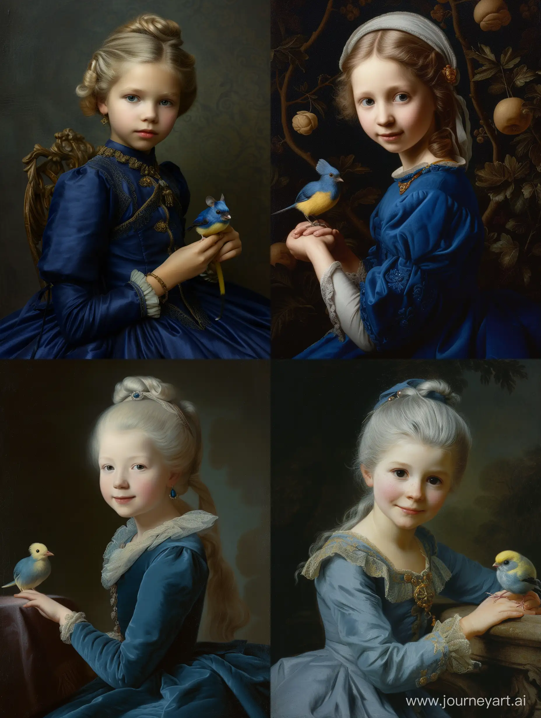 у светловолосой девушки с собранными волосами в голубом имперском платье на руке сидит сине-желтая синица