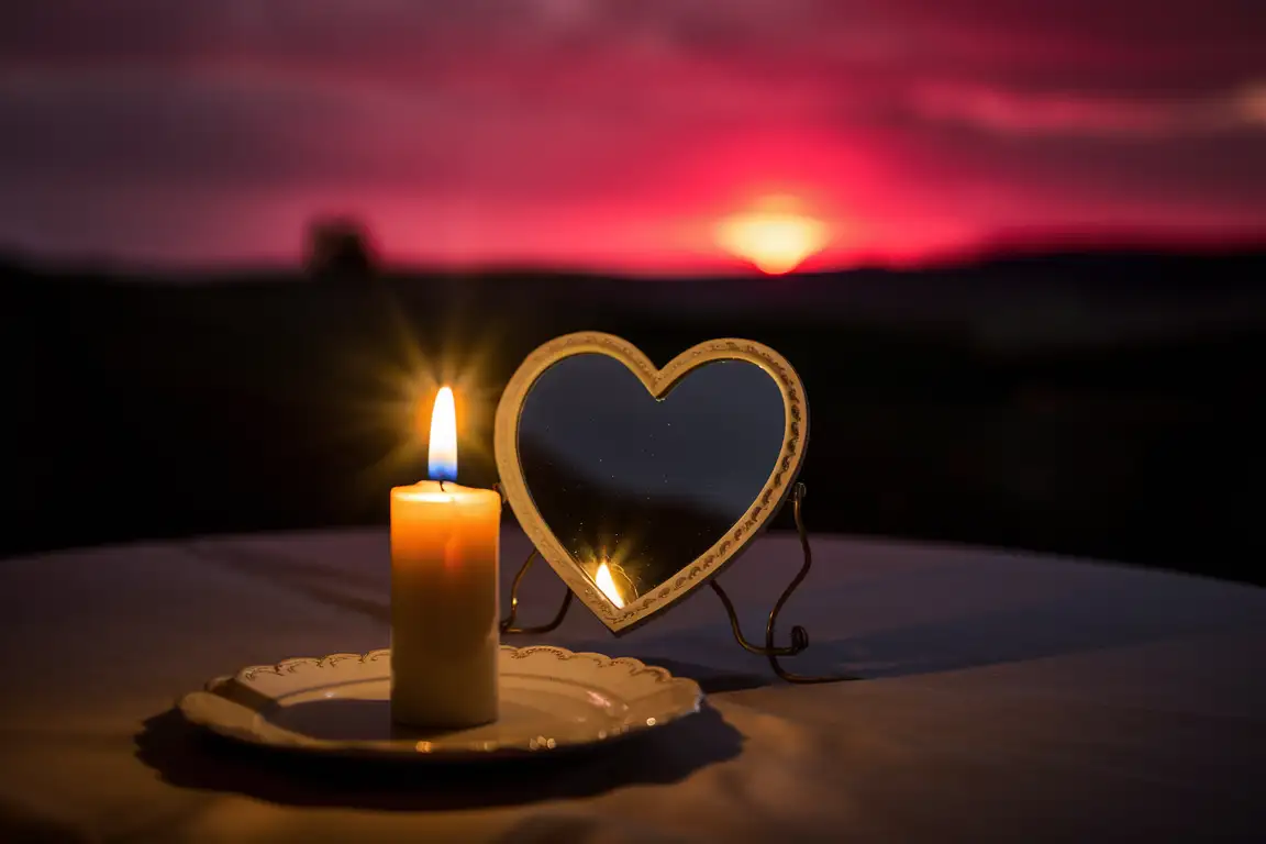 candle and heart shaped mirror on the table with red sunrise in the background. blank space for text. candlelight 