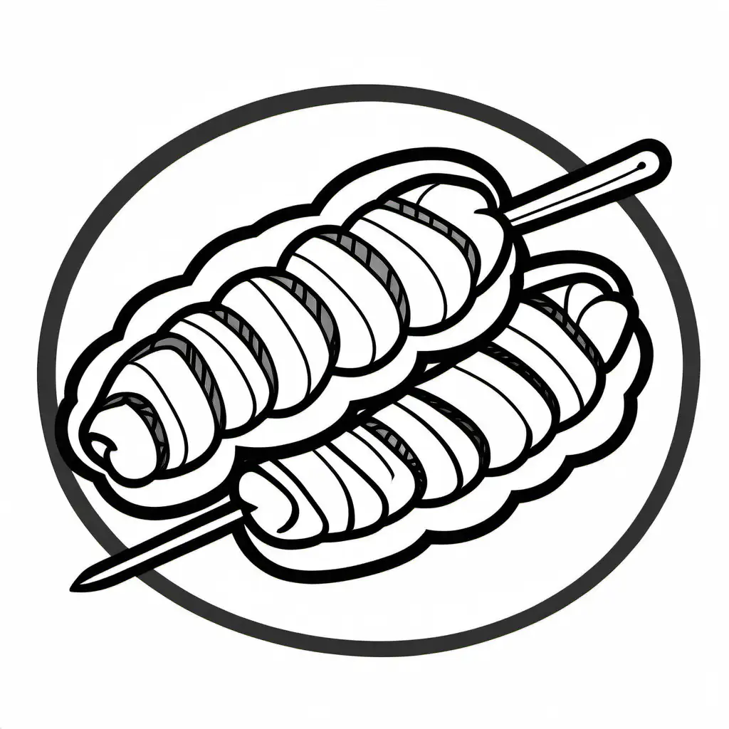 kebab bold ligne and easy without color, Coloring Page, black and white, line art, white background, Simplicity, Ample White Space. The background of the coloring page is plain white to make it easy for young children to color within the lines. The outlines of all the subjects are easy to distinguish, making it simple for kids to color without too much difficulty