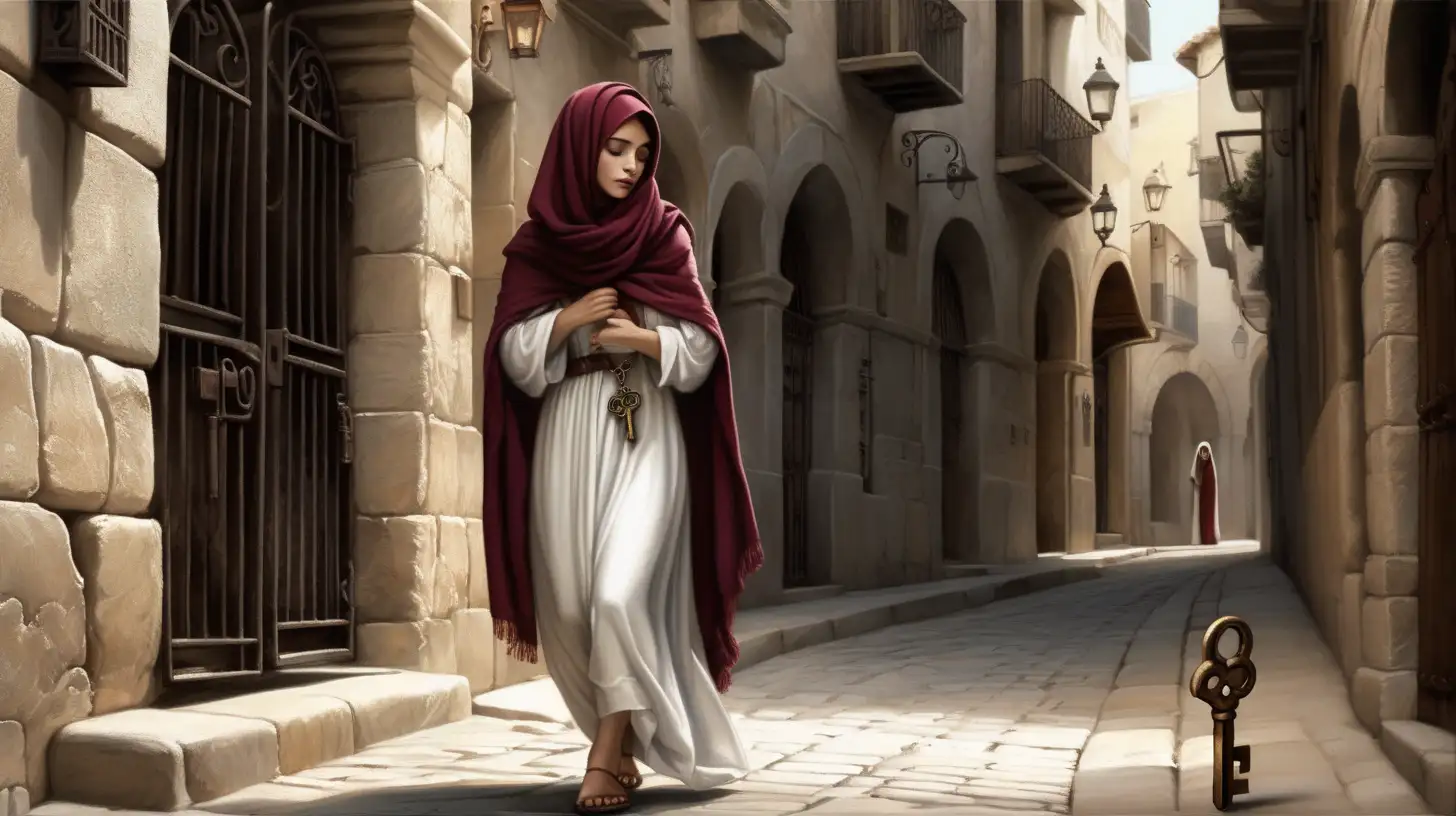 Modest Hebrew Woman Retrieving Wrought Iron Key in Biblical City Street
