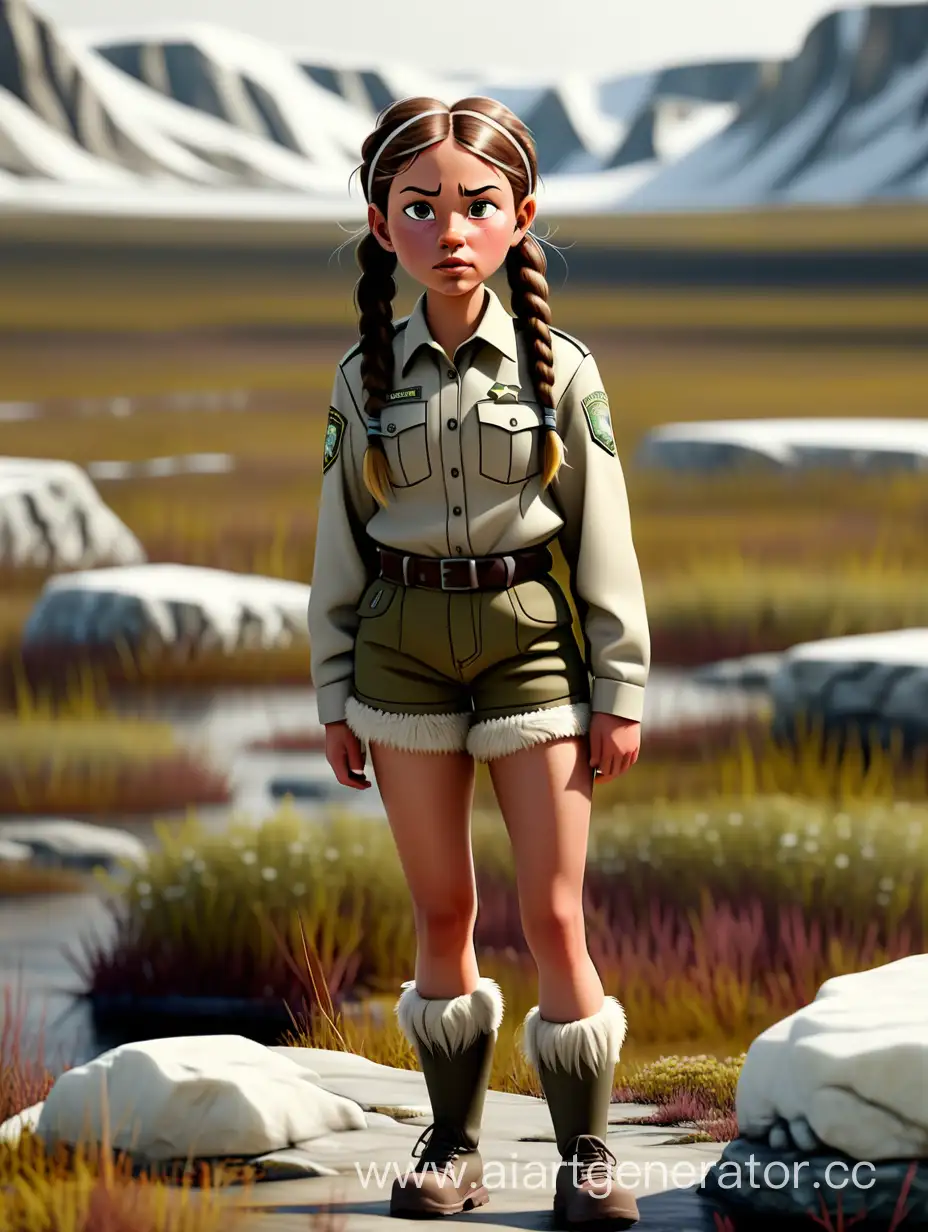 Park ranger girl indigenous in shorts and long sleeves with pigtails in tundra, full height 