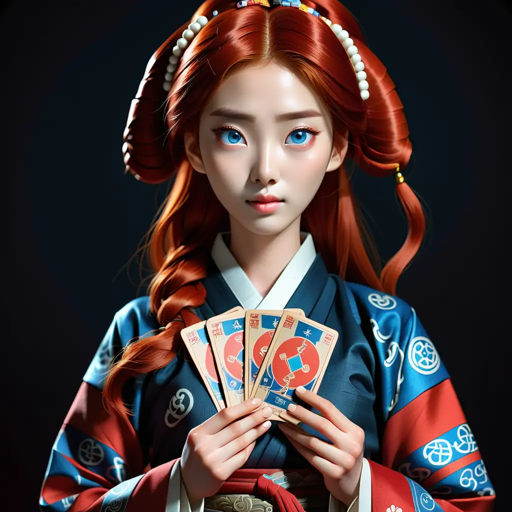 A young korean female with blue eyes and red hair dressed in Korean traditional clothing.  She holds tarot cards.  Dark background.