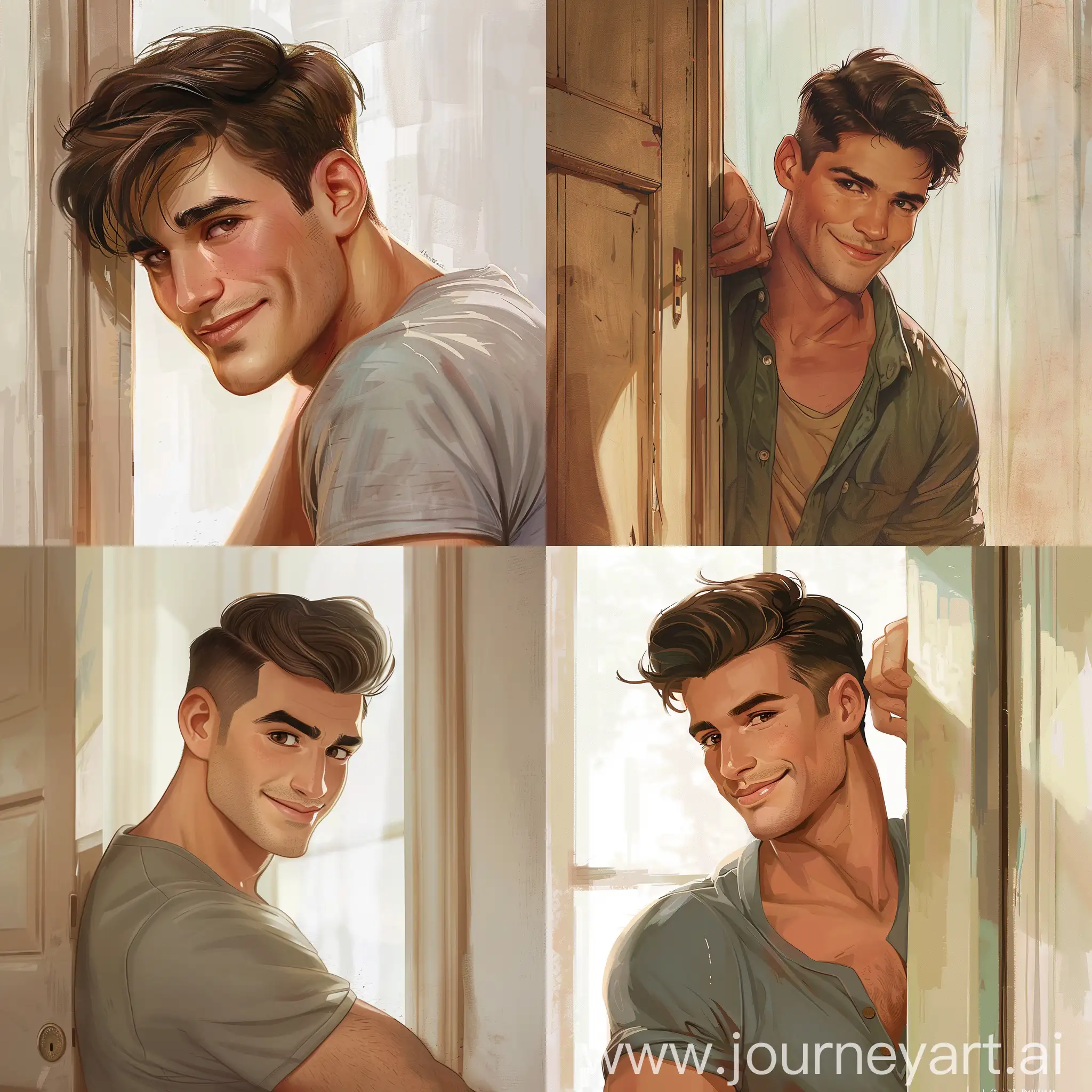 A handsome man leans up against a doorframe.  Man has dark brown short undercut hair, brown eyes and in casual clothes. illustration for book, childrens book, smiling, full body view watercolor clipart, full illustration, 4k, sharp focus, smooth soft skin, symmetrical, soft lighting.