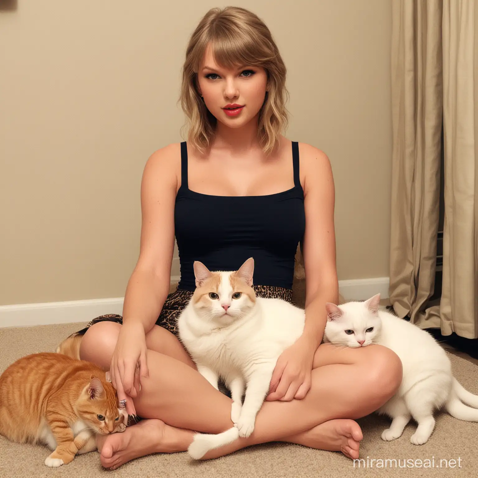 Taylor Swift Surrounded by Plump Felines in a Cozy Setting