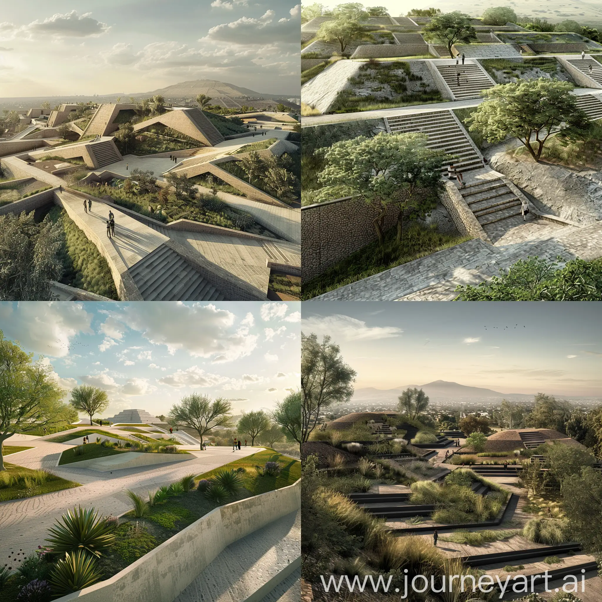 diseña un parque público inspirado en la geometría y arquitectura prehispánica de teotihuacan, respetando sus formas, juegos de alturas y monumentalidad, con taludes