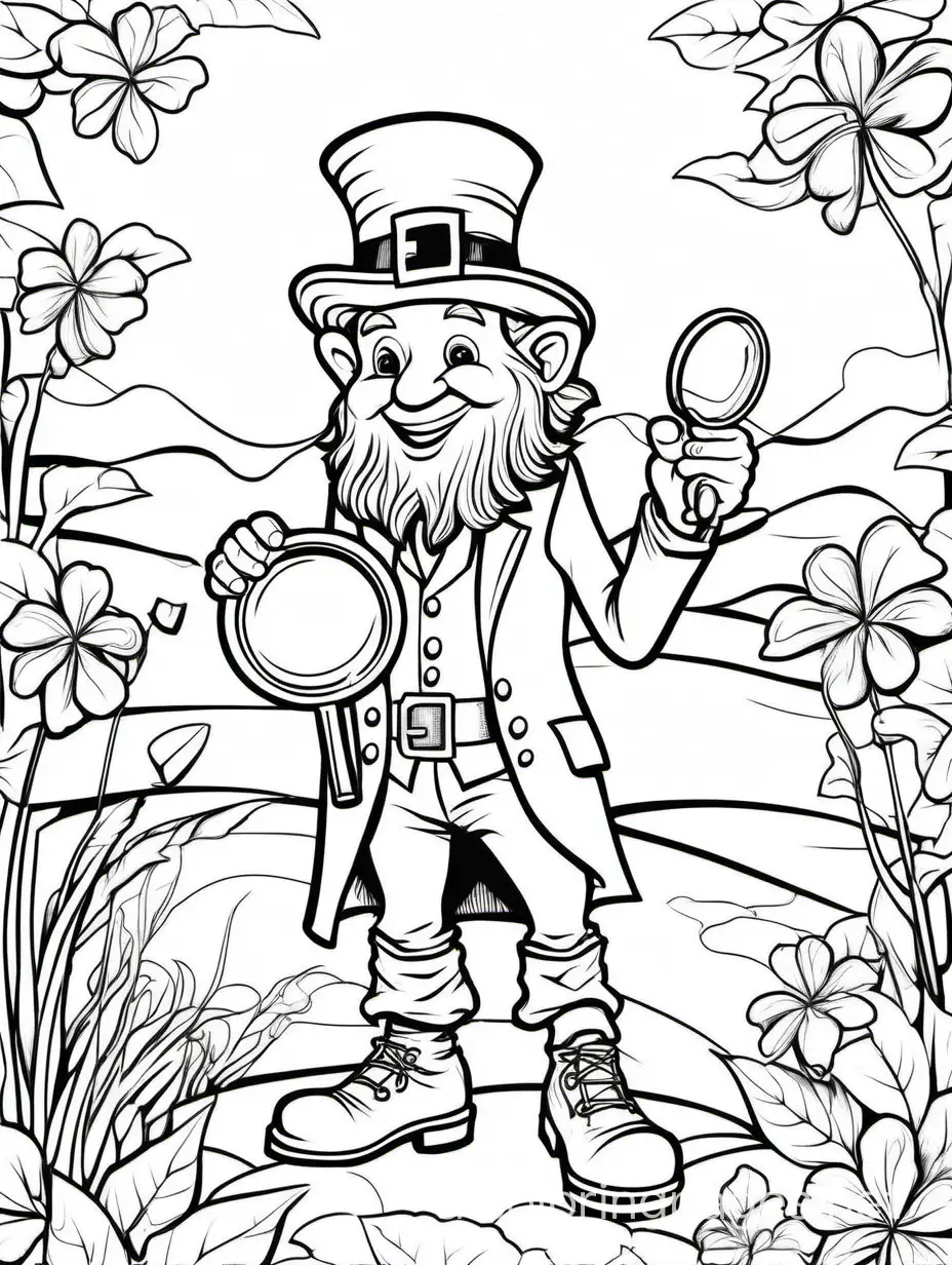 Leprechaun with a magnifying glass searching for treasure for St. Patrick's Day for kids dont coloring, Coloring Page, black and white, line art, white background, Simplicity, Ample White Space. The background of the coloring page is plain white to make it easy for young children to color within the lines. The outlines of all the subjects are easy to distinguish, making it simple for kids to color without too much difficulty