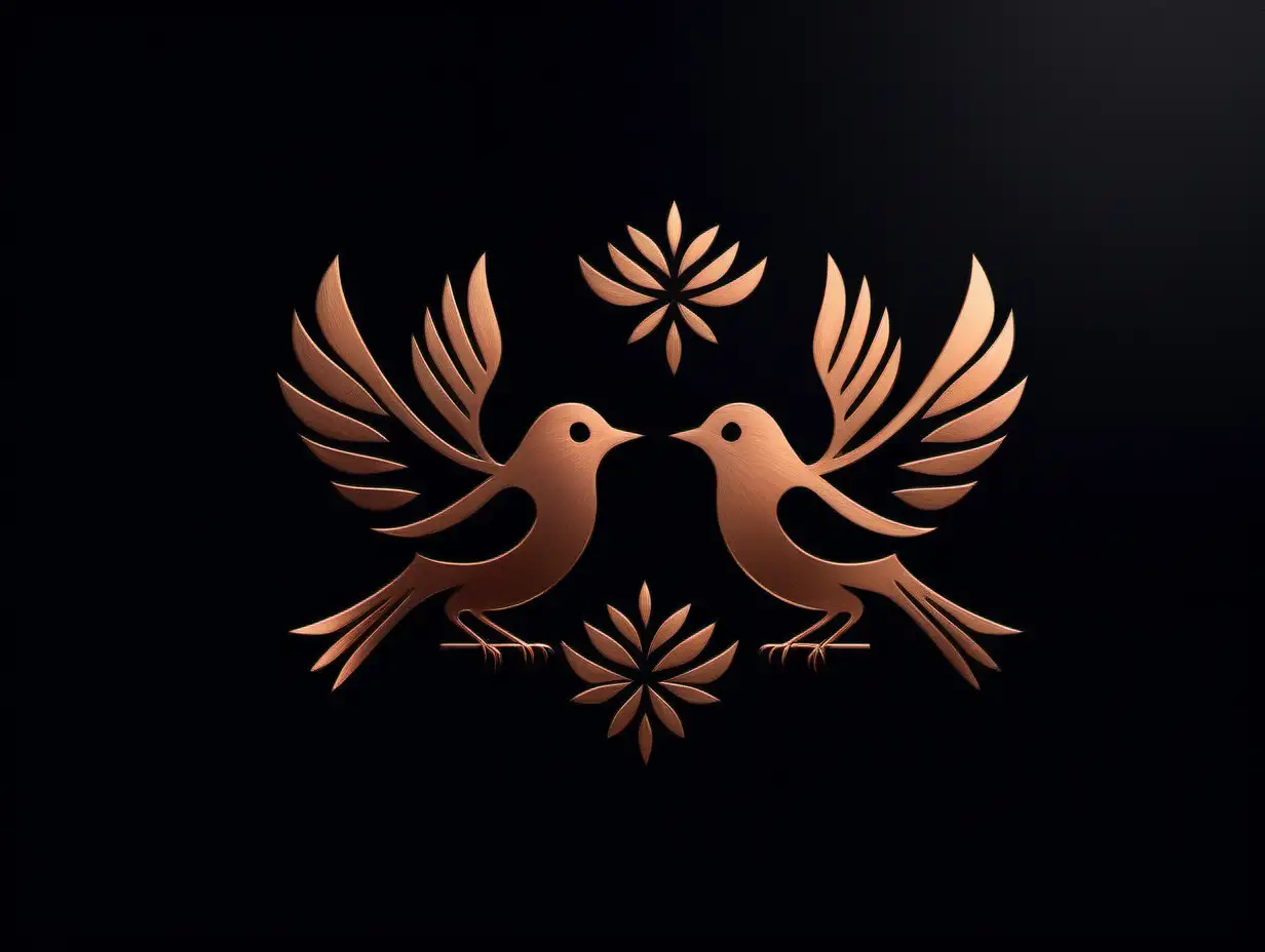 Negative space Birds logotype.  Bronze birds.  black background.
