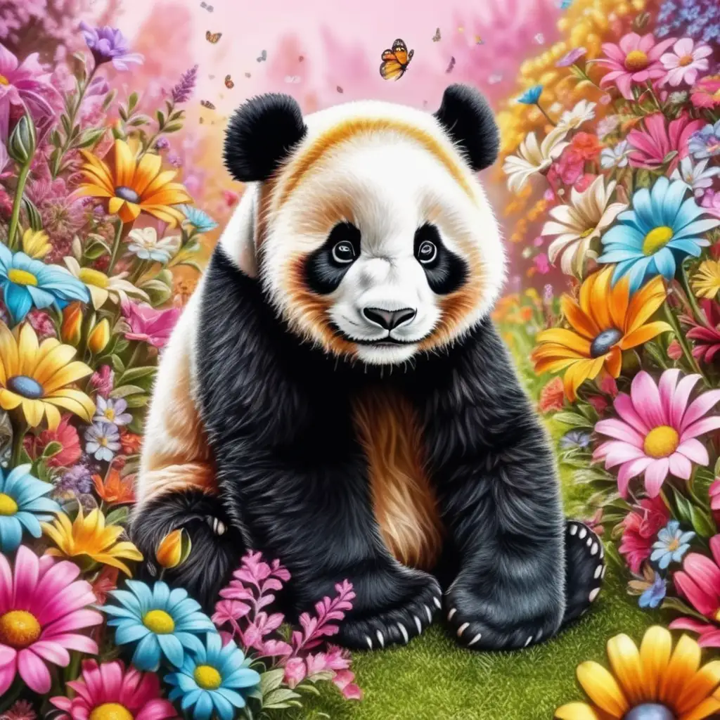 A cute panda în very veautiful colored flowers 