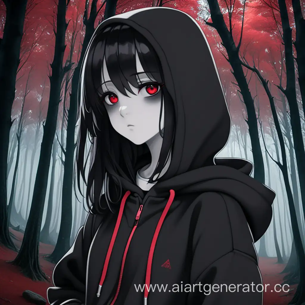 Девушка, длинные черные волосы, черная толстовка, серые джинсы, черная склера глаз, красные зрачки, на фоне леса, стиль аниме, 8k