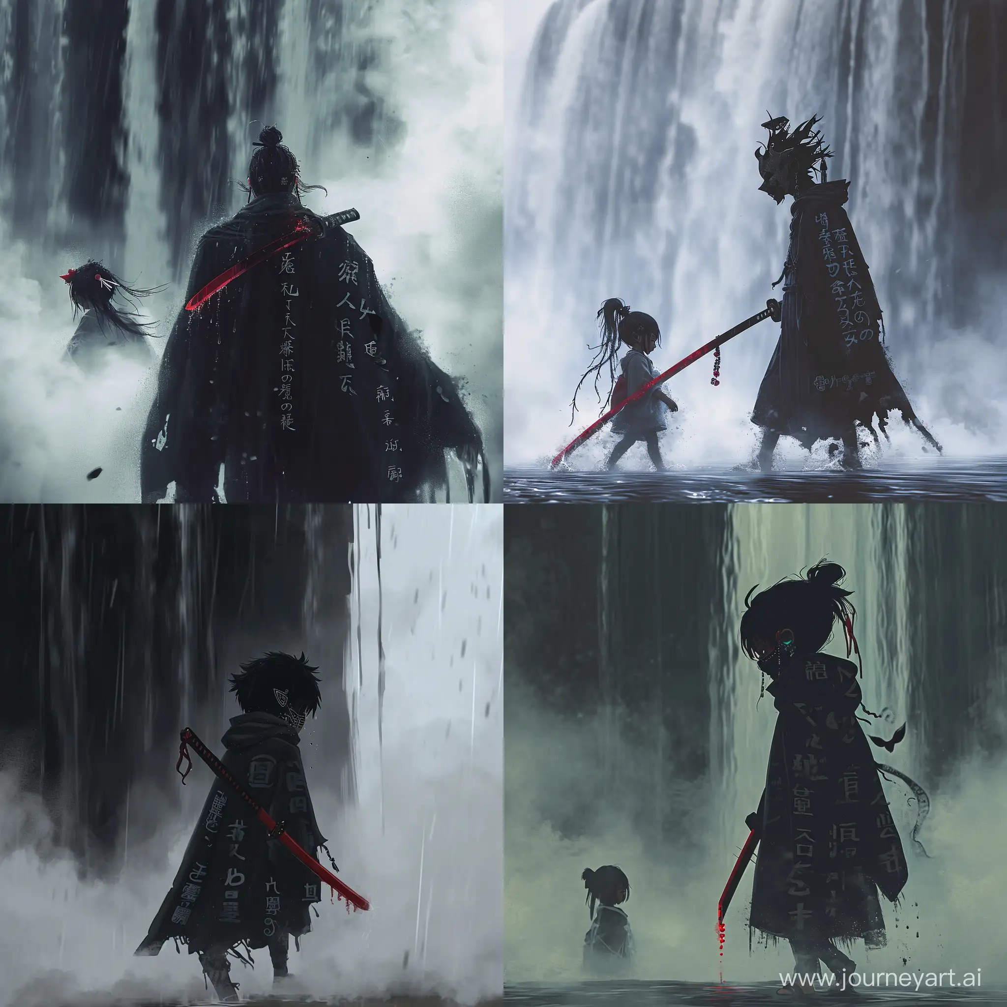 Маленький демон, ходящий тумана, под завесой тумана, держа в руках темно красный меч, чёрный плащ с японскими надписями, японские серьги на ушах, с закрытым маской лицом, сзади чёрный водопад, он вонзает в меч в девочку. Style anime, аниме