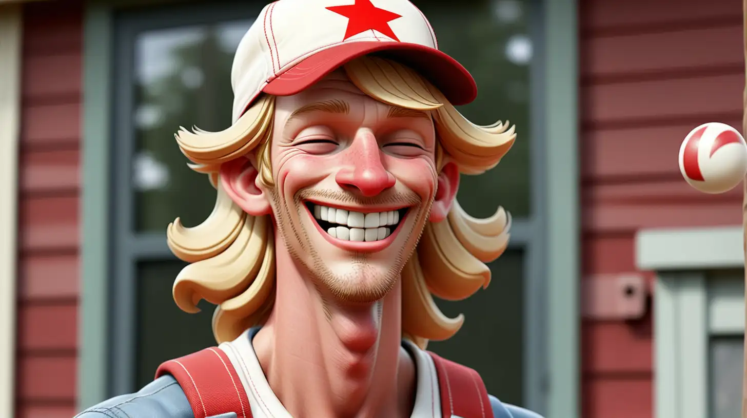 skinny, eyes half closed, happy, red neck man with a blond mullet, normal smile with missing teeth wearing a  white and red ball cap and overalls and boots