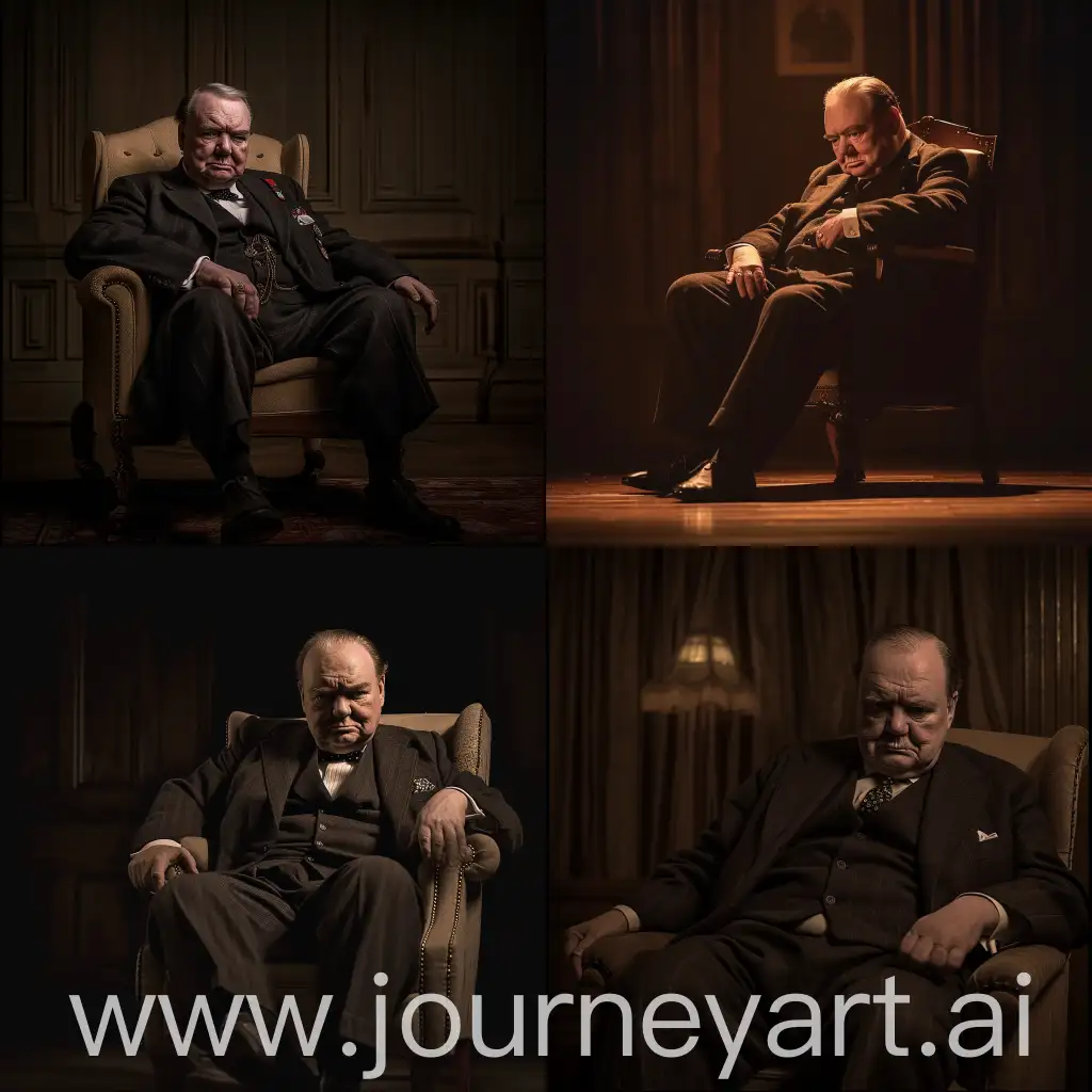 historical image of Winston Churchill sitting in a chair, cinematic lighting