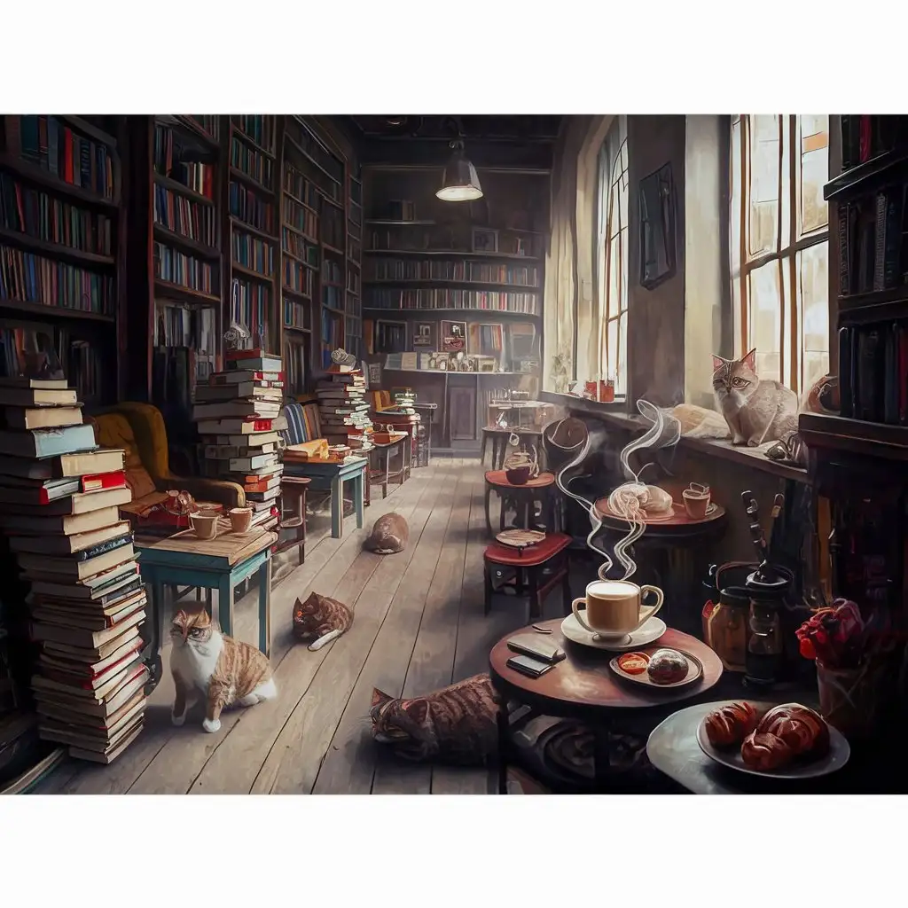 A cozy bookstore café, with cats lounging among stacks of books.