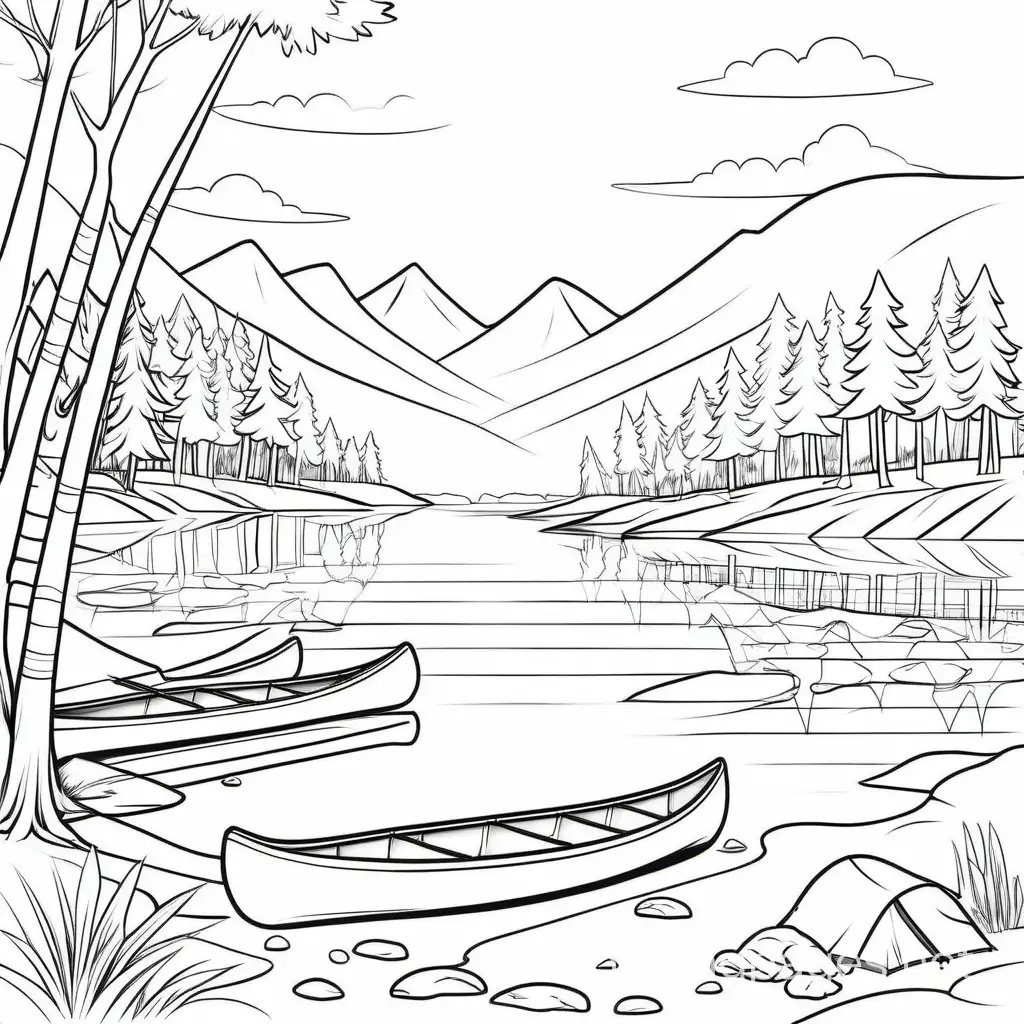 camping by a lake, sunset and canoeing,  (the-great-outdoors theme), Coloring Page, black and white, line art, white background, Simplicity, Ample White Space. The background of the coloring page is plain white to make it easy for young children to color within the lines. The outlines of all the subjects are easy to distinguish, making it simple for kids to color without too much difficulty