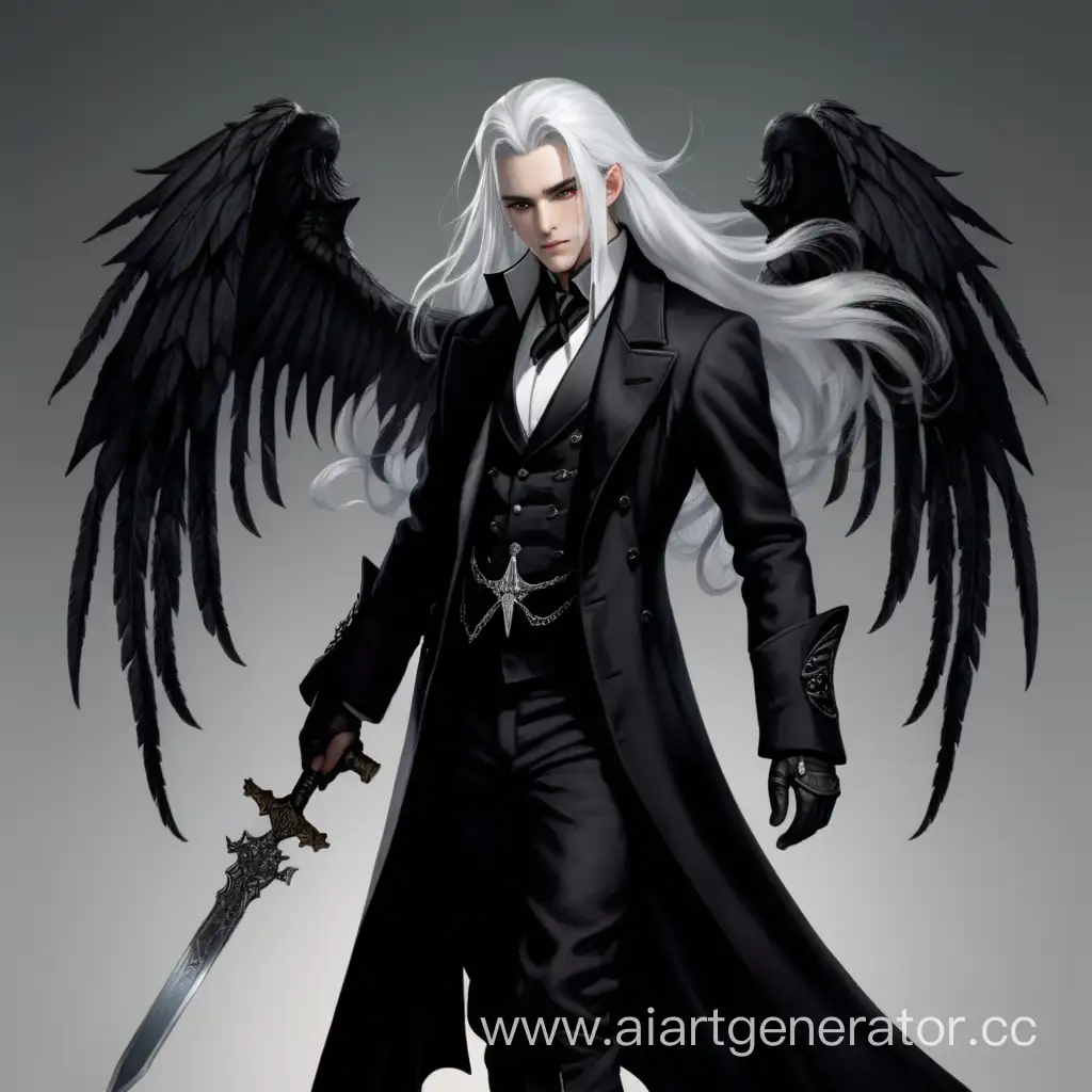 A young man in a long black Gothic tailcoat, long white hair, black wings on his back and a sword in his hand