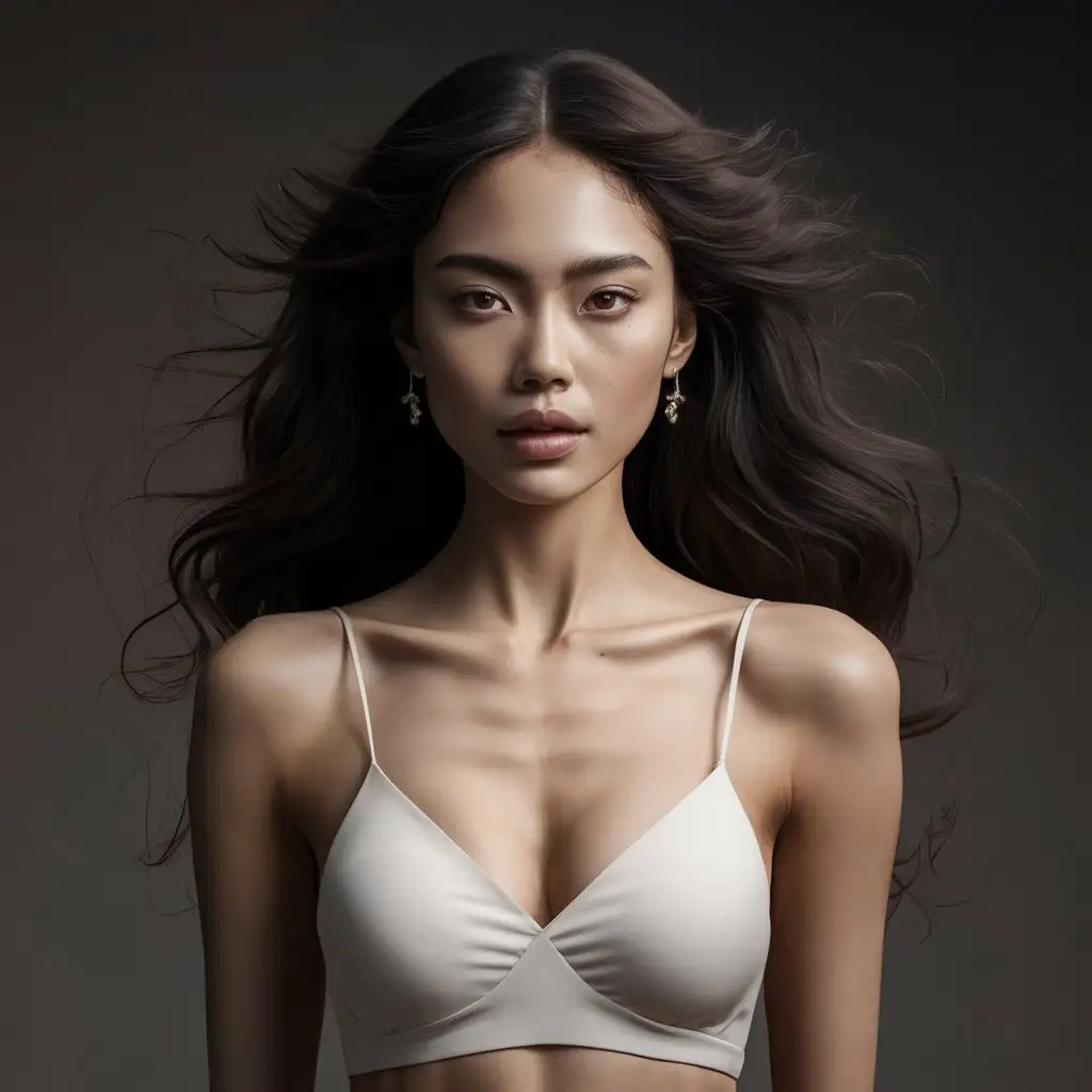 portrait of a 25 years old gorgeous woman, fierce and innocent looking, with divine feminity, sexy and seductive, porcelain white skin, wearing white spaghetti strap top. Model-like features. truly elegant and hot. Has long dark brown soft wavy hair. Russian beauty with a bit of Filipino descent. 