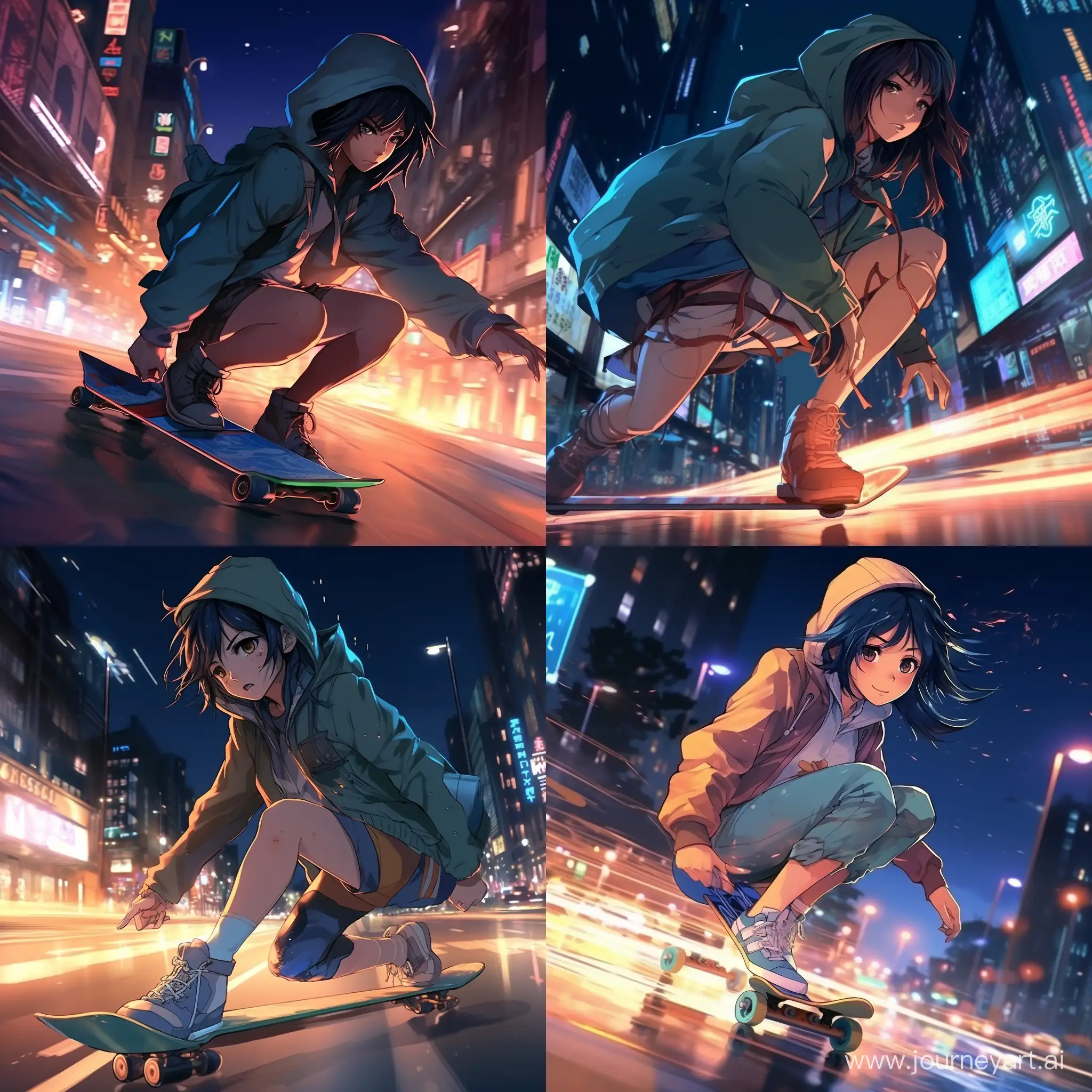 a woman riding a skateboard down a street at night, anime style mixed with fujifilm, anime style 4 k, inspired by Liam Wong, cinematic. by leng jun, cyberpunk anime girl in hoodie, by Liam Wong, makoto shinkai cyril rolando, ross tran 8 k, anime style. 8k, anime. soft lighting, black haired girl wearing hoodie