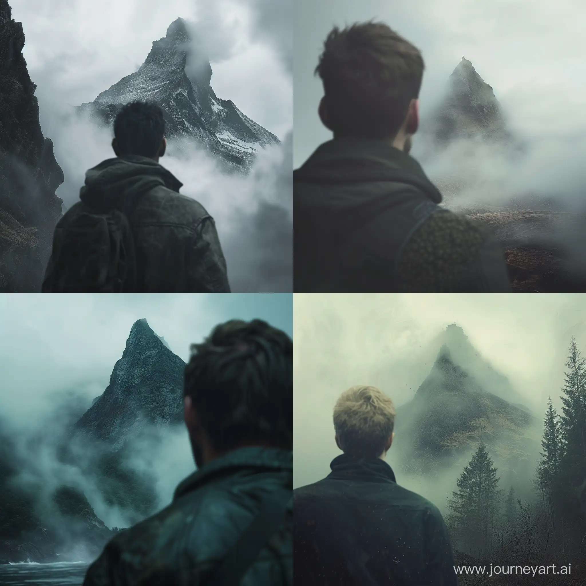 hyper real image of a man looking at a mountain hidden in the mist. 
