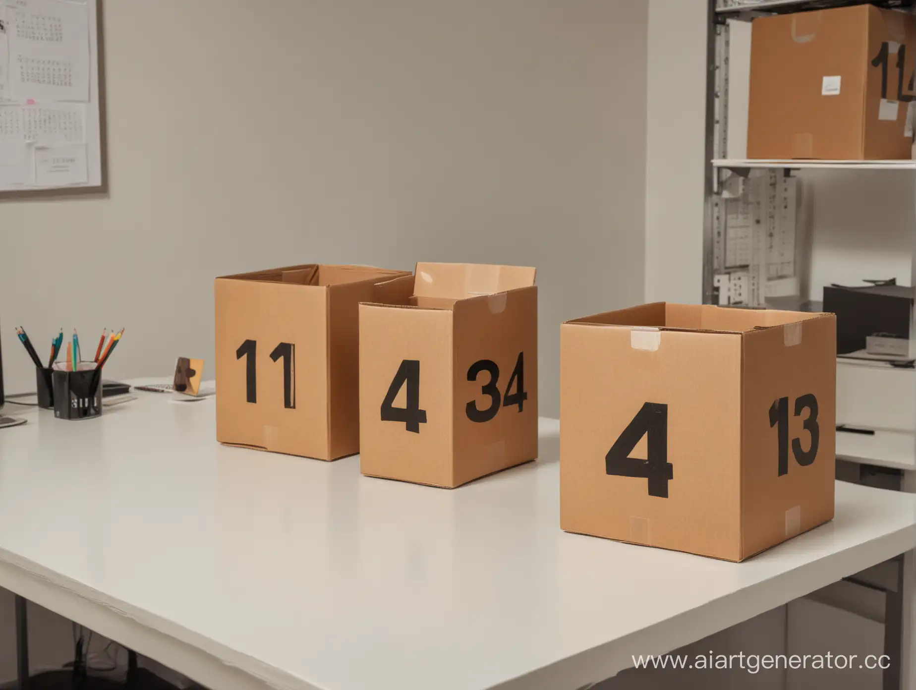 Generate a photography in an office there is an office desk. On the desk are 2 square cardboard boxes. The boxes are labeled with the numbers 113 and 114.