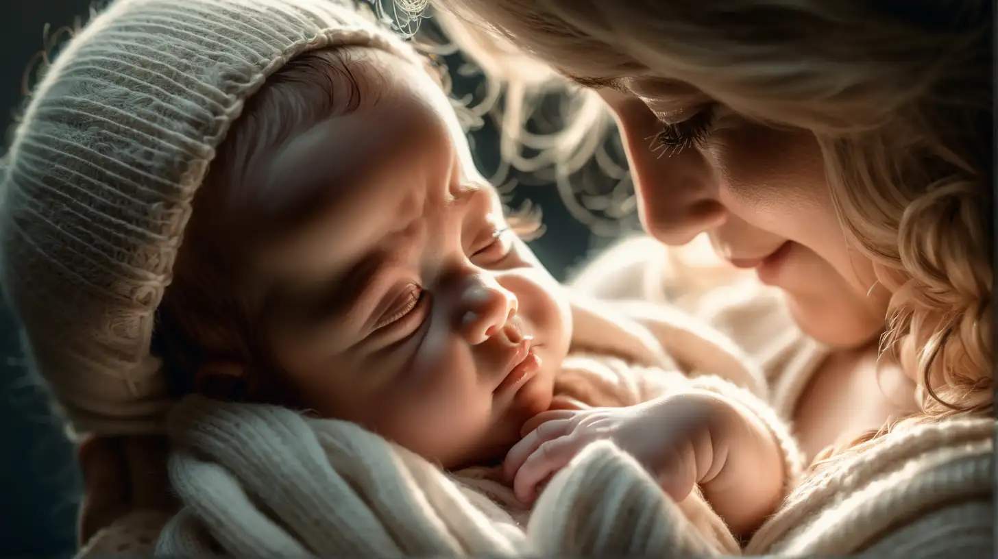 A heartwarming image of a mother gently cradling her newborn baby in her arms, surrounded by soft lighting.