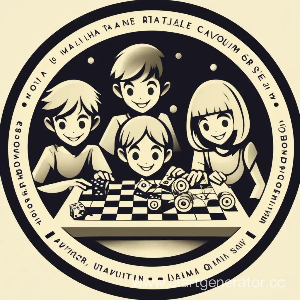 круглая эмблема с изображением играющих в настольную игру трех подростков, состоящих из геометрических фигур 