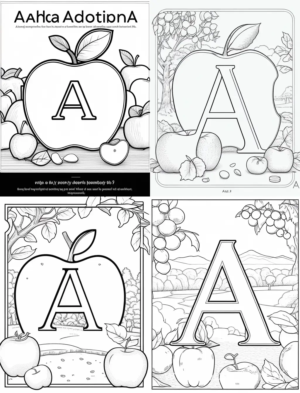 Very simple Outline of Letter A large in center , apples in background  for childrens coloring book 


