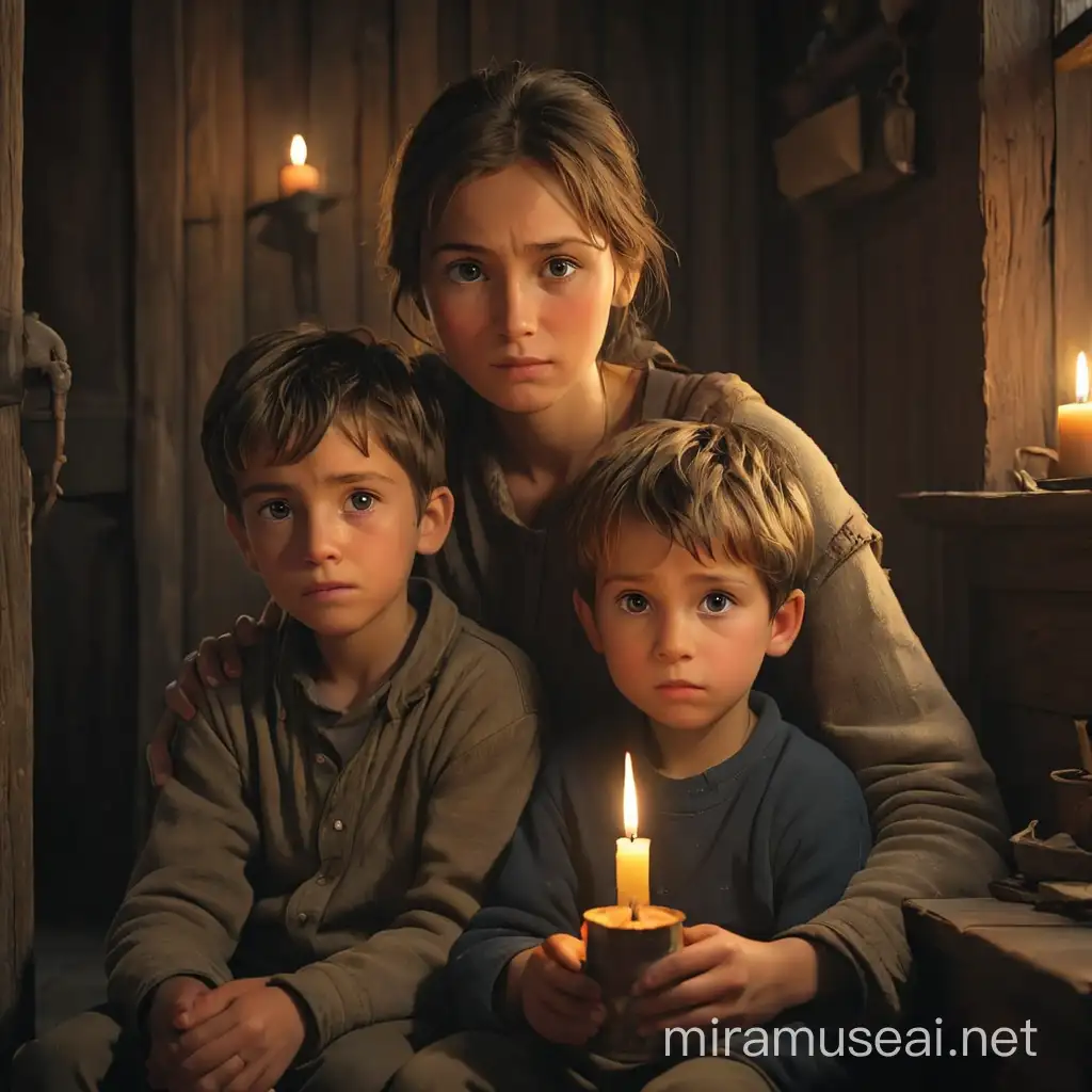 A poor young boy and his mother sitting in the house on a wooden,a candle as only source of light 