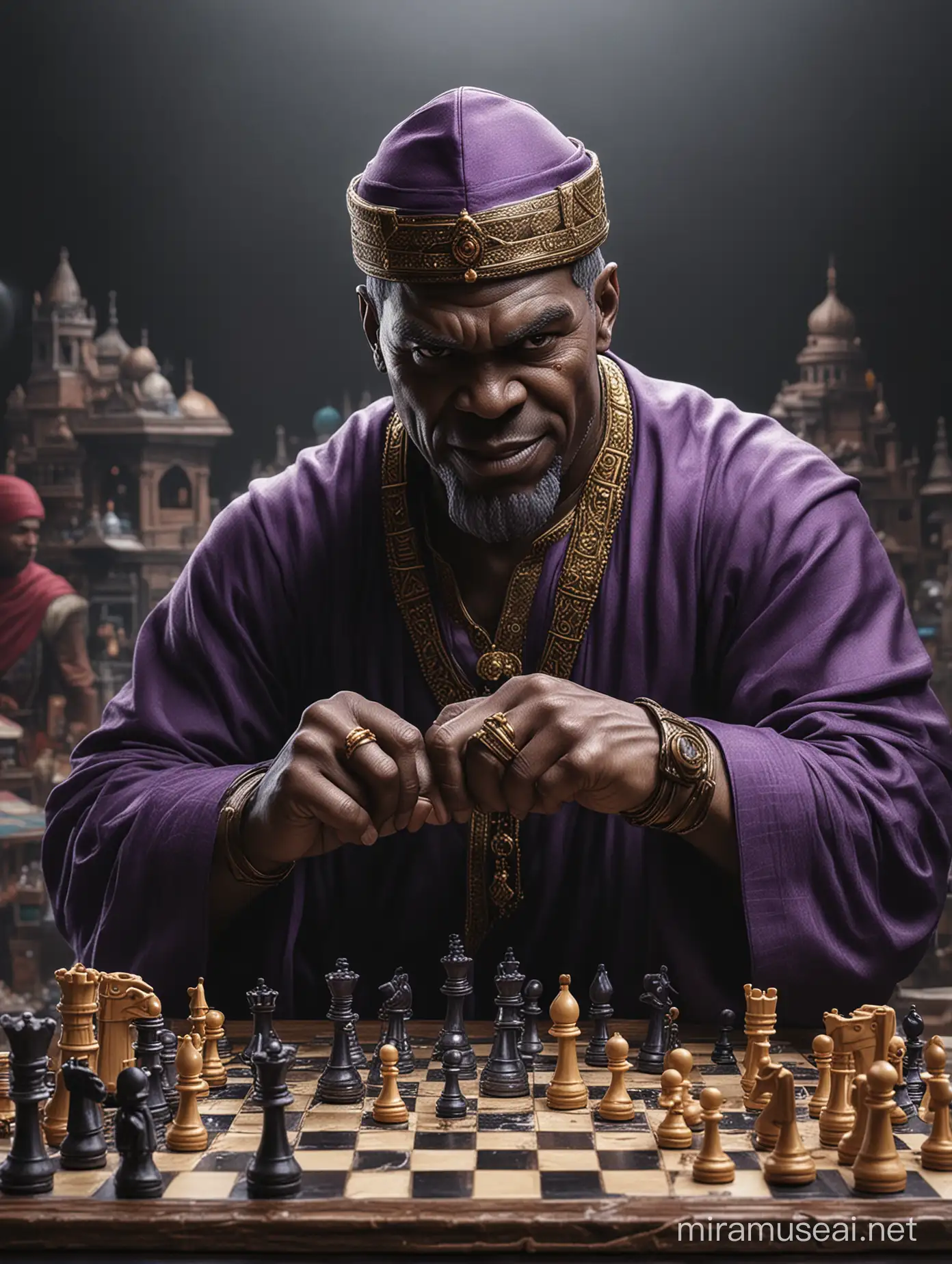 Thanos purple skin, dressed in a traditional Muslim attire (koko), wearing a peci (traditional Indonesian cap), and with big five gemstone rings on each of his five fingers, playing chess with superhero Ant-Man in his miniature form, lifting a chess piece, against the backdrop of a bustling Jakarta market. Accompanied by the text "The Festivities of Thanos on Eid Day," set against a high-contrast black background to create a dramatic effect suitable for printing in DTF (Direct-to-Film) Printing or water-based color printing. Ensure the image and background are centered and uncut.