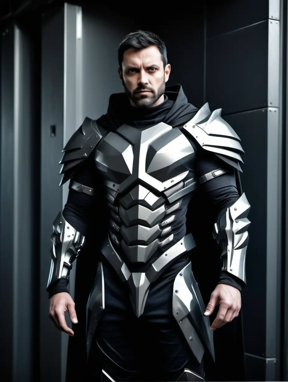 Portrait of 34 year old muscular male Adeptus Arbites in grey heavy futuristic carapace armor, black cape. 
Very short dark hair, small beard.
Relaxed stance.
Metal door in the background of image.