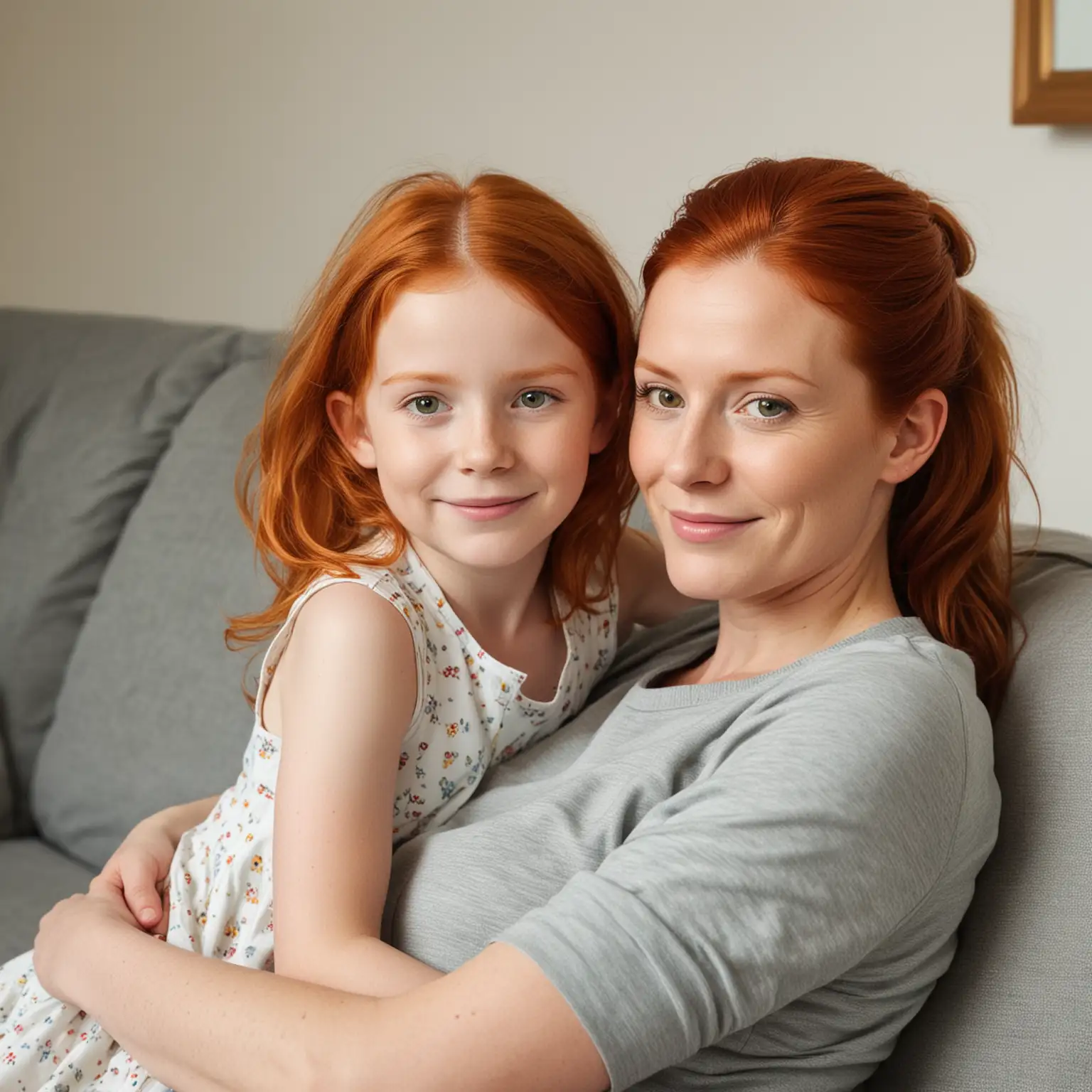 Redhead Mother and Daughter Relaxing on Sofa