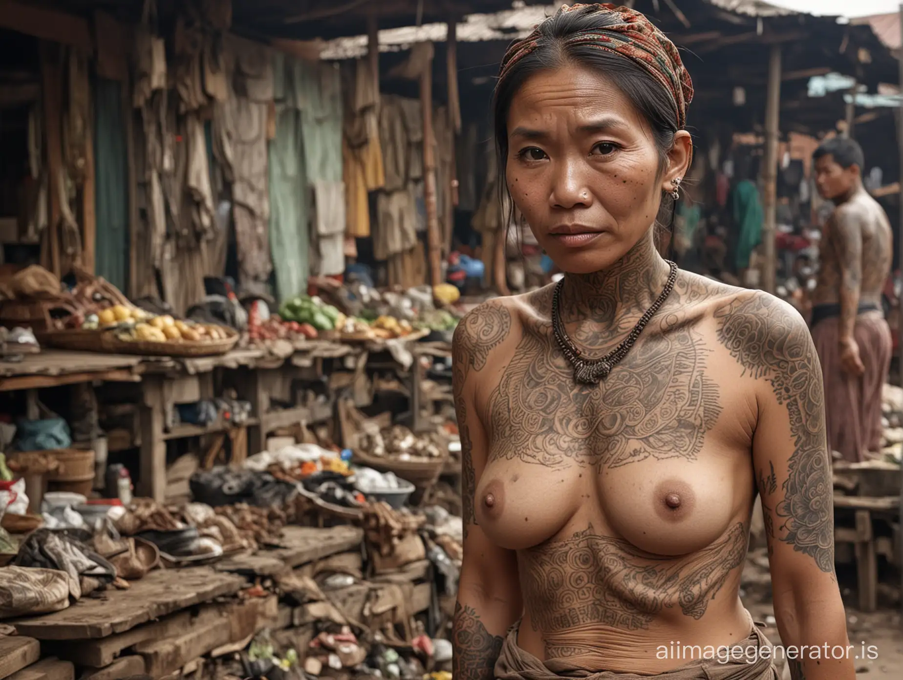 dirt, dirty, filthy, "indonesian traditional market with garbage everywhere", slutty, traditional clothes, tattoo, (intricate details on wrinkles and skin texture), (detailed wrinkles and expressions on faces), (more and more and more small saggy:1.2 and breasts and tits), "maia estianty" lookalike