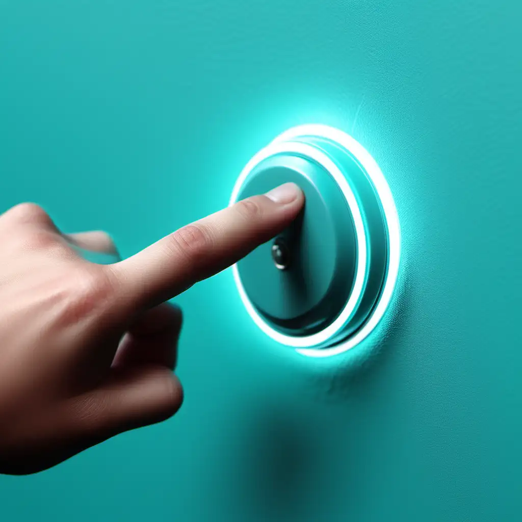 A finger pushing a button. Back ground is cyan color