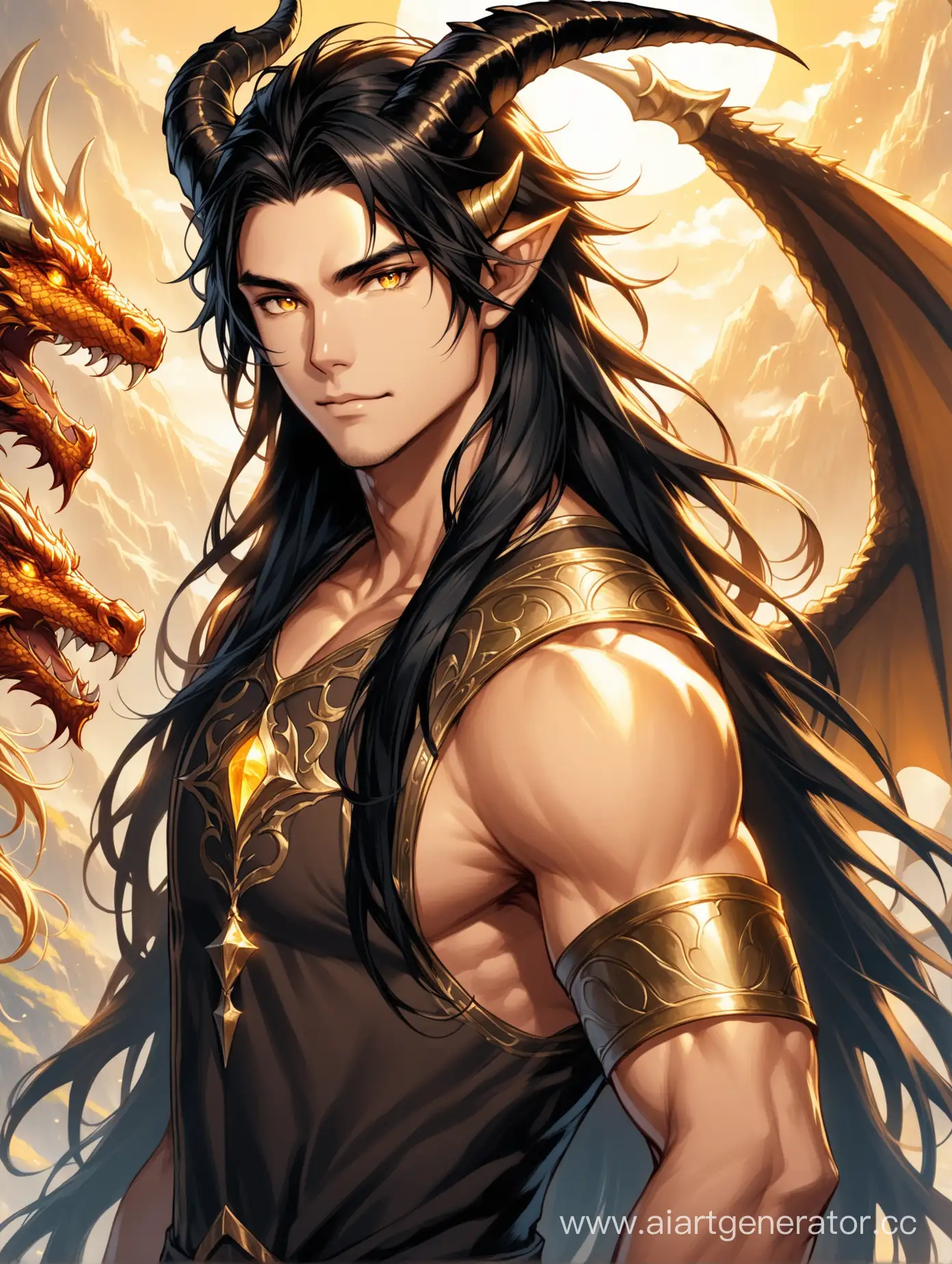 half-dragon, man, male, black hair, long hair, golden eyes, light skin, kind face, fantasy world, two horns on the head, black horns