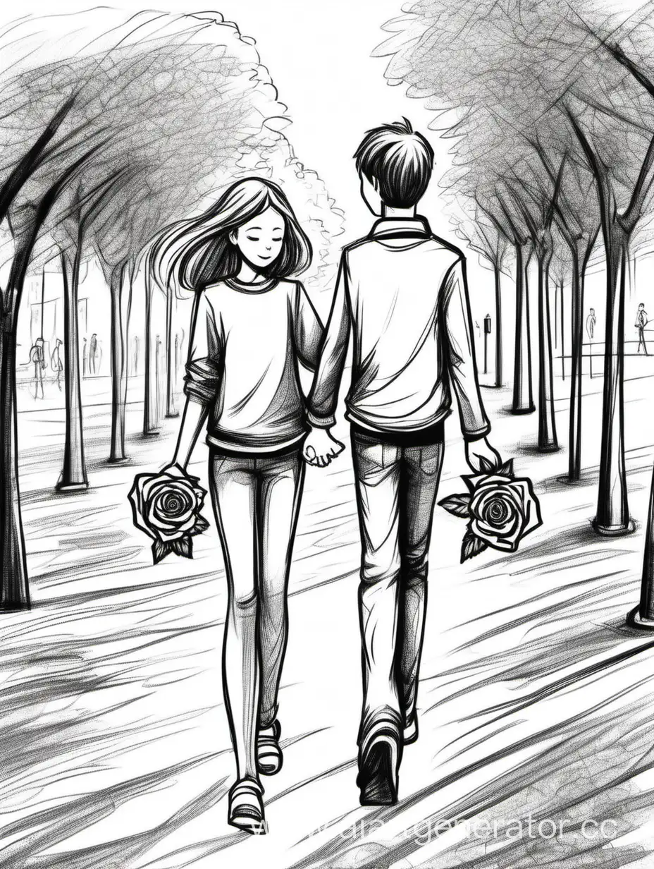 Нарисуй девушку и парня гуляющих по парку за руку, у девушки в руке роза