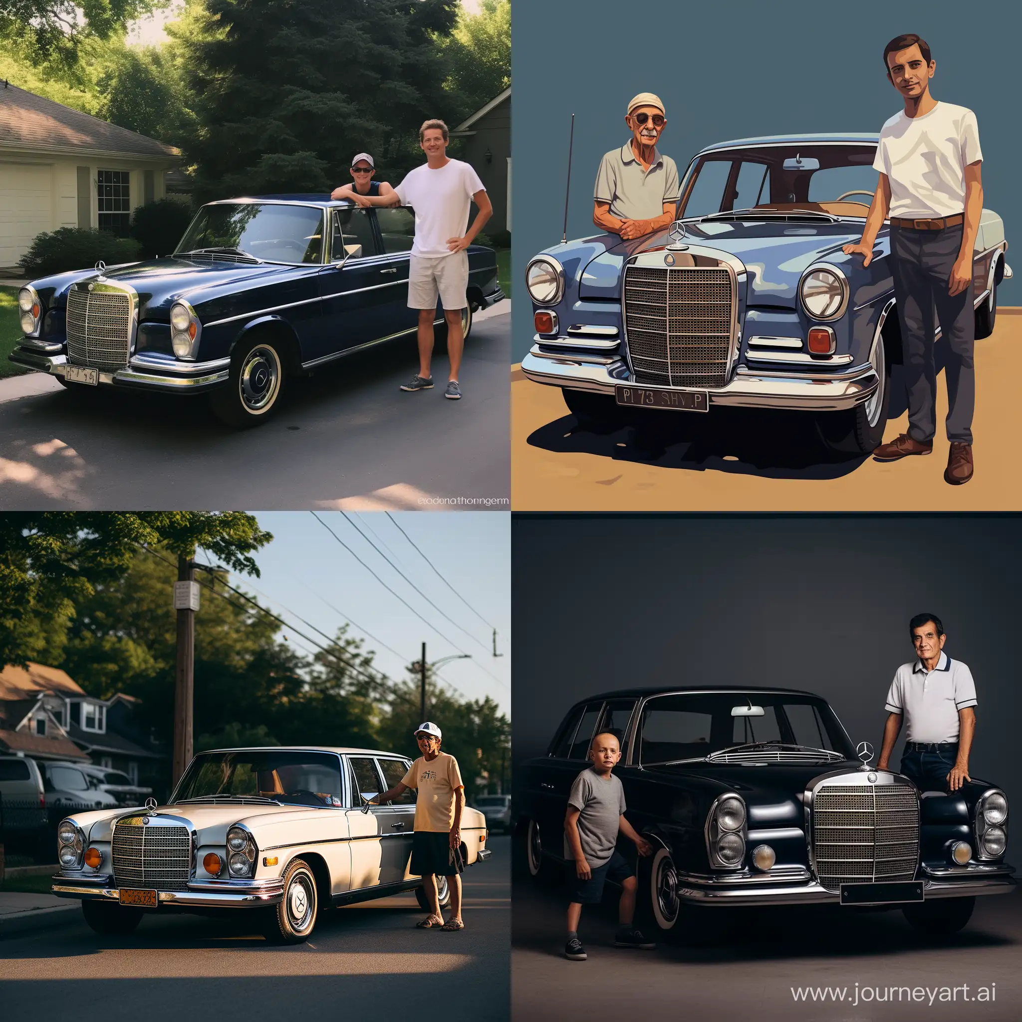 Grandfather-and-Teen-Grandson-Posing-by-Classic-Navy-Blue-Mercedes-280SE-W126