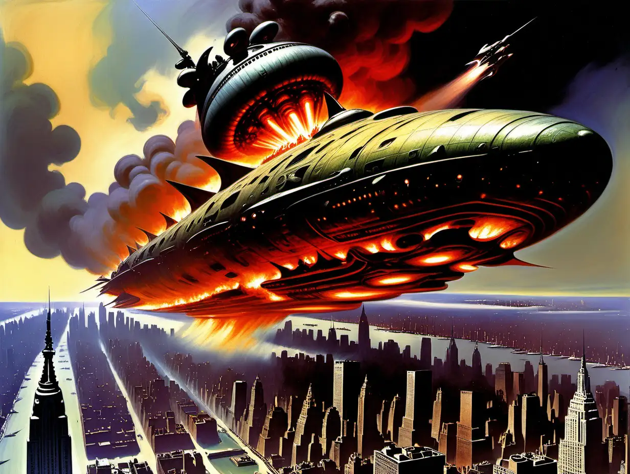 Fiery Alien Spaceship Attack on 1940s New York City Frank Frazetta Inspired Art