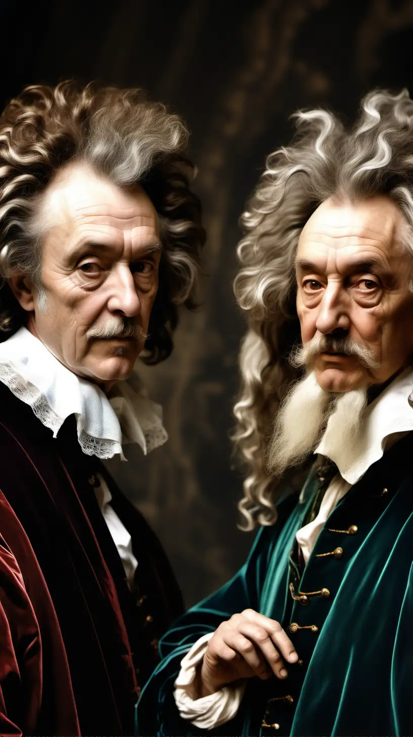 A color profile photo of two old male poets one with large swirling hair and camp attire, other with flowing locks, both pompous, set in 1590 in a library