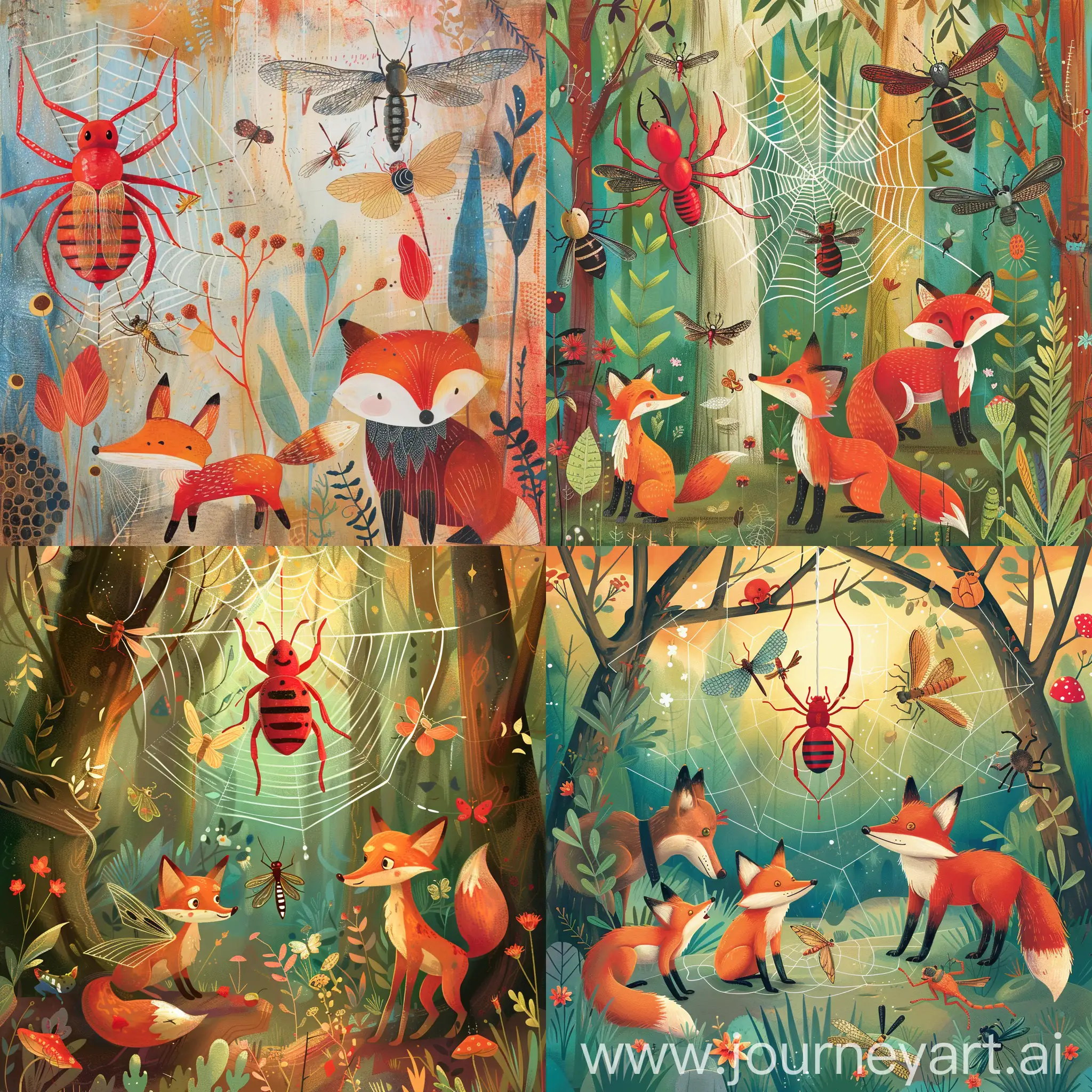 Designed in the style of a "woodland animal fairy tale ((red spider hanging from a web))" (focus), featuring enchanting and friendly scarabs, foxes, dragonflies, mythical creatures, and whimsical characters on a colorful background to capture the attention and spark the imagination of young readers.