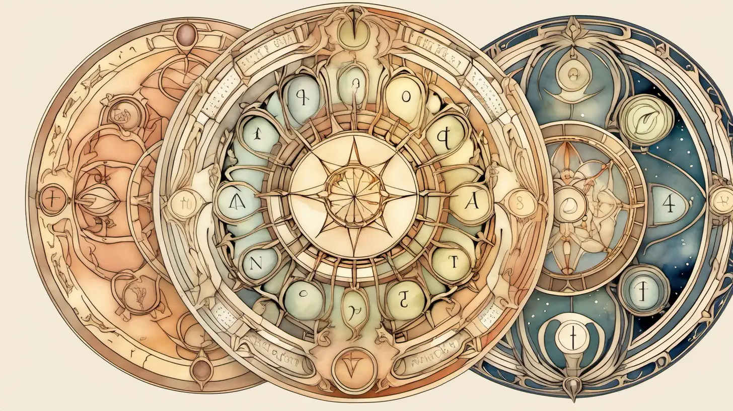 4 astrological wheel , in the style of muted watercolor palettes, , art nouveau line art .