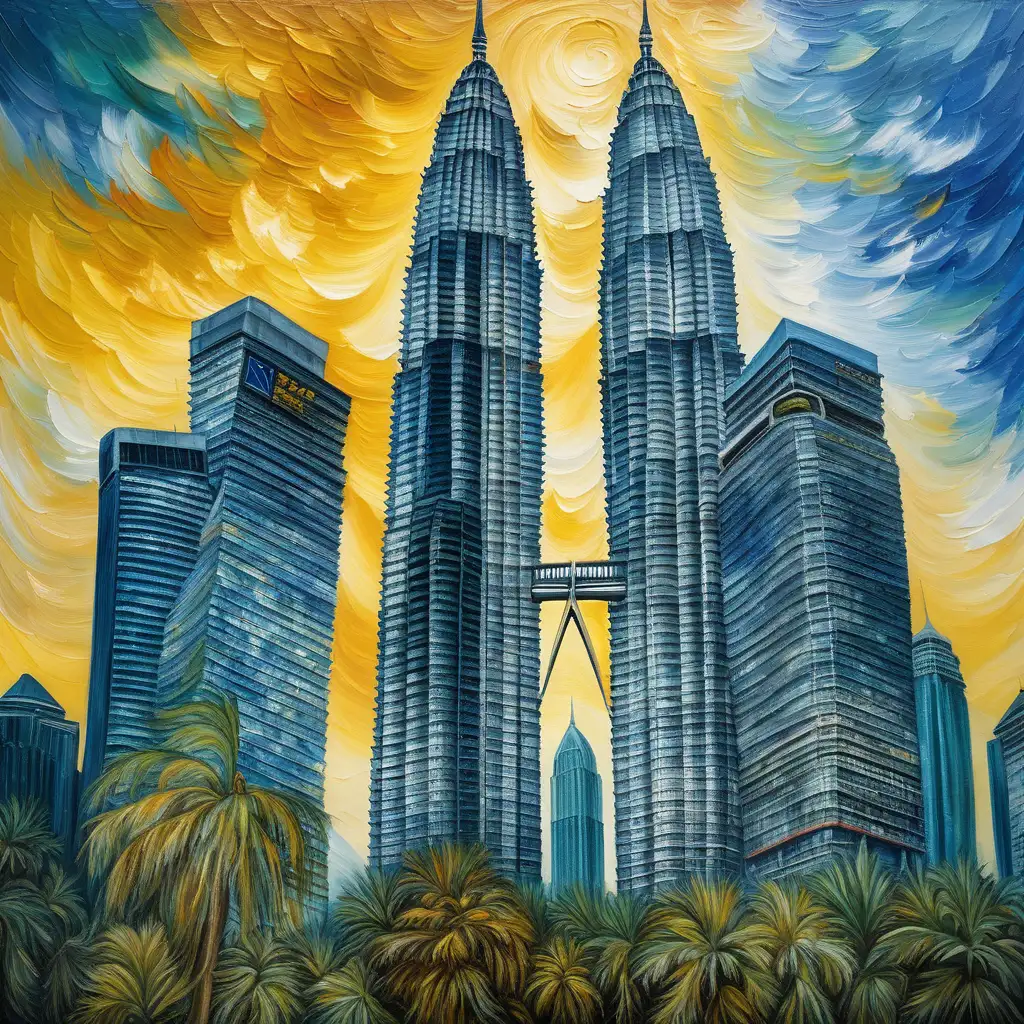用油画的笔触，梵高的风格，画马来西亚双子塔

