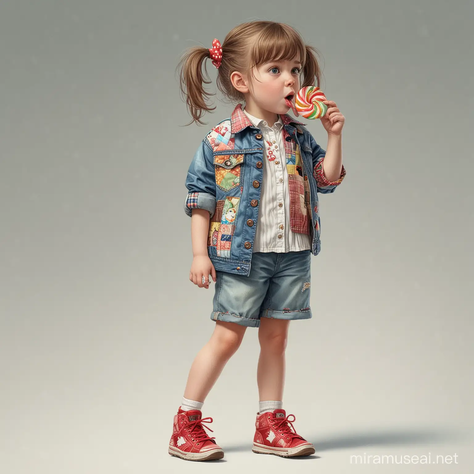 realistic full body shot of a little girl, in patchwork jeanscoat, licking on a candy, cartoonish, inventive character designs, color settings, highly detailed digital art, fixed on white background, watercolor effect, james gurney art --v 5.2 --s 250