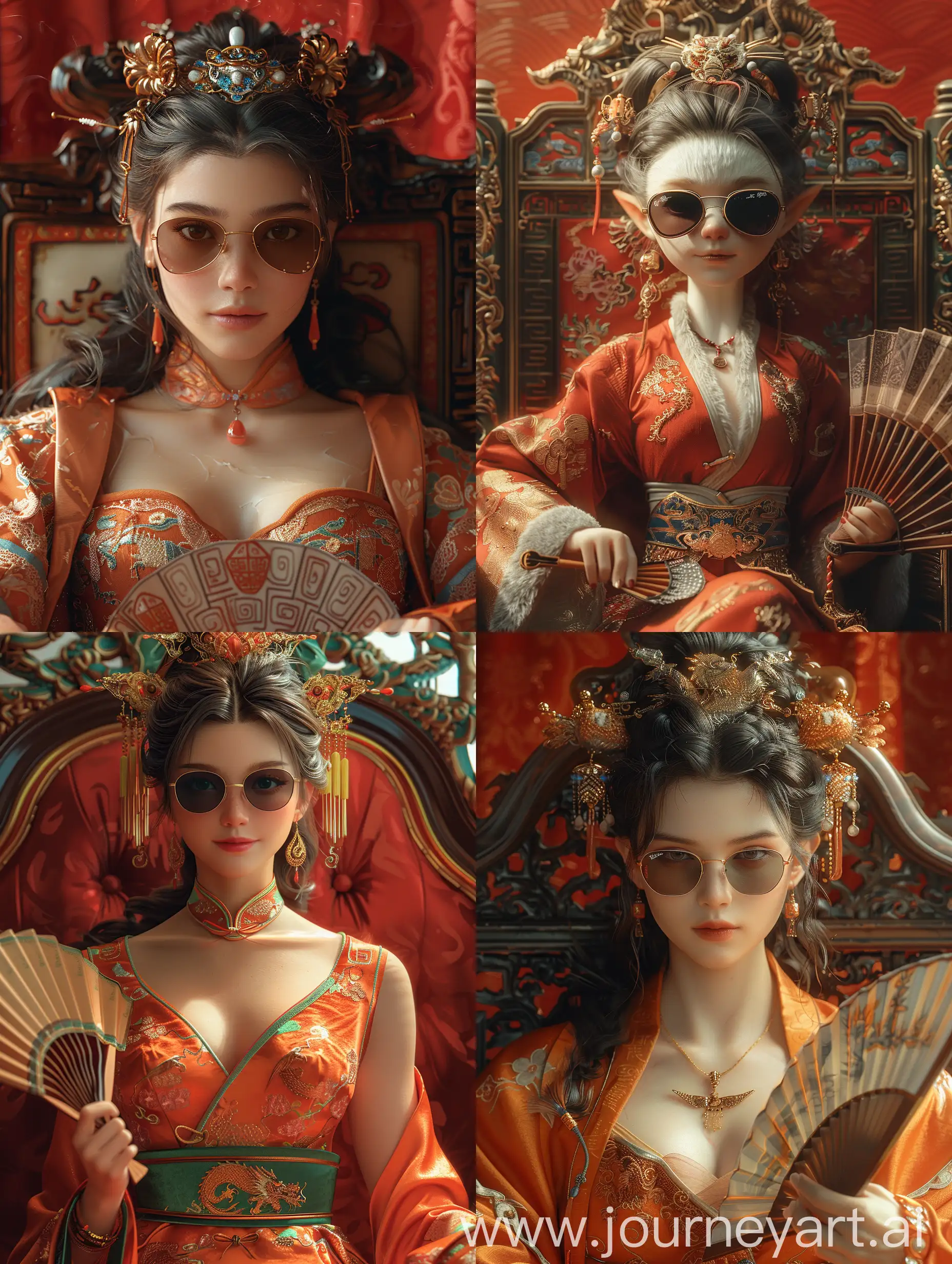 Pixar style, wearing beautifu chinese dress, humanized female Chinese dragon, wearing sunglasses, holding ancient chinese fan, very handsome and cool expression, sitting on a Chinese style head chair, underworld brother, overlooking perspective, medium scene, background clean, pure red background, master works, Super detail, super quality, --ar 3:4 --stylize 700 --v 6