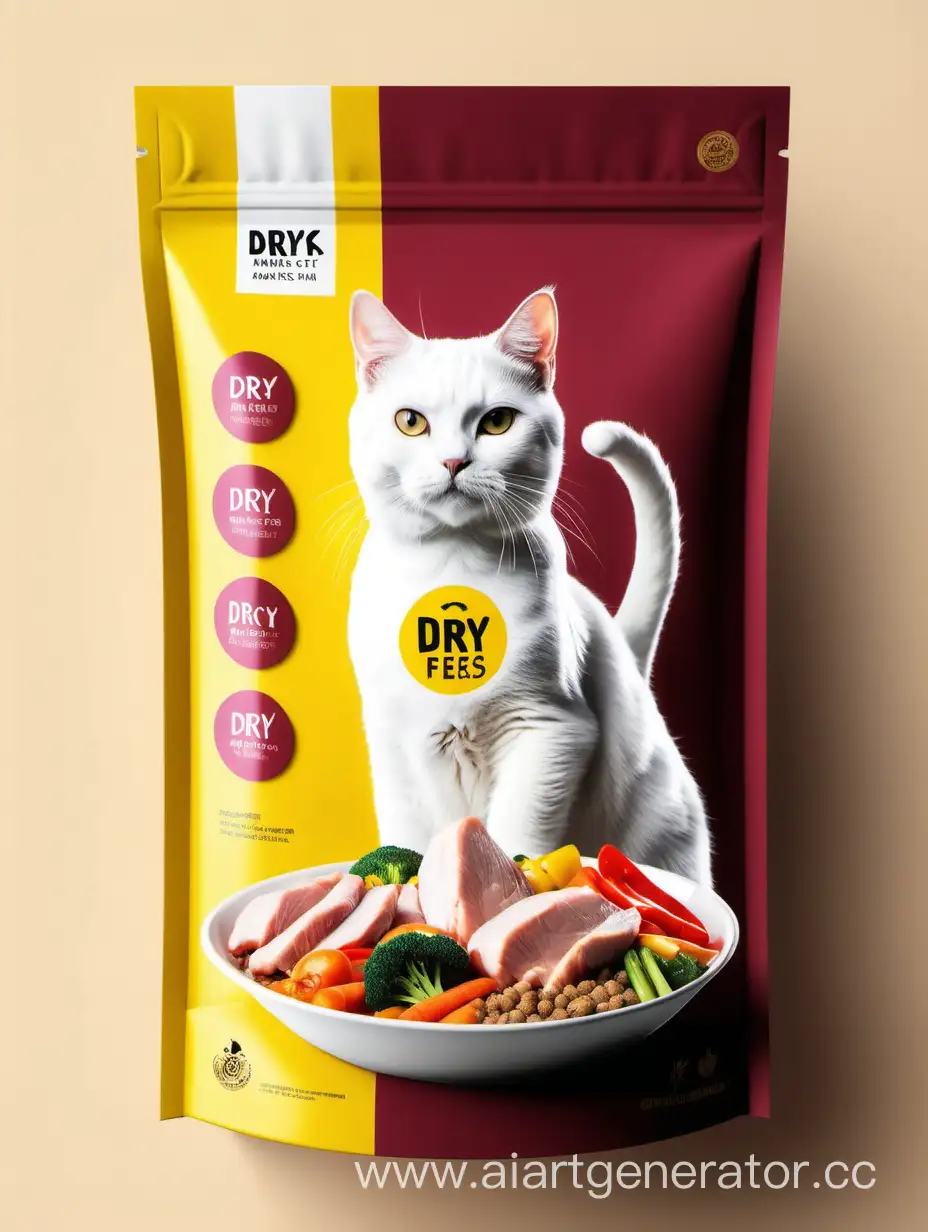 сделай дизайн  упаковки сухого  корма для кошек . яркий. стильный. продающий. используй  бордовый, желтый,   и белый цвета.  используй реальное фото довольной белой кошки .  добавь кусок сырой курицы с  овощами.
