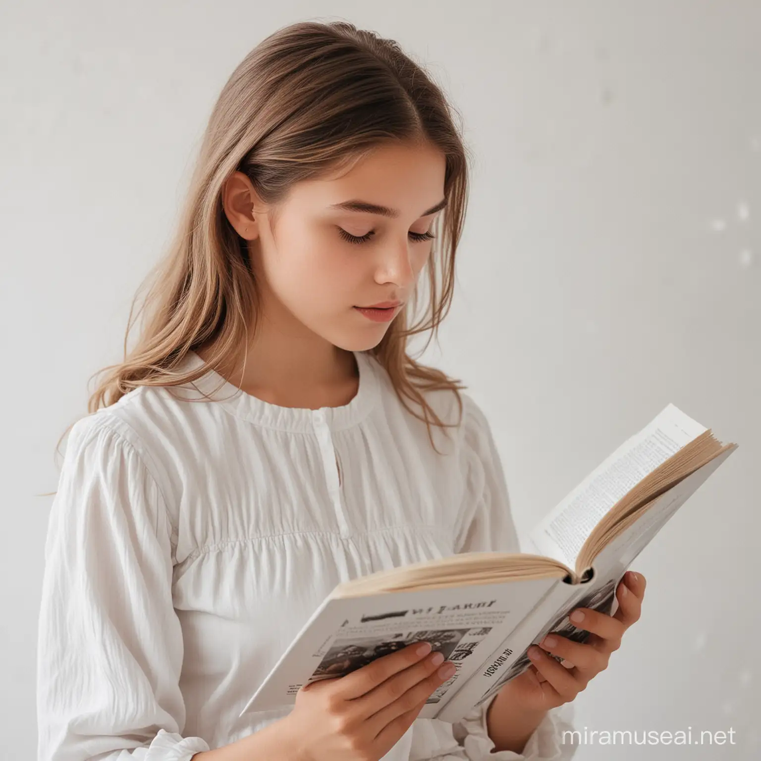 asthetic  picture from far of a  girl reading pictures story book with a good background all in white 