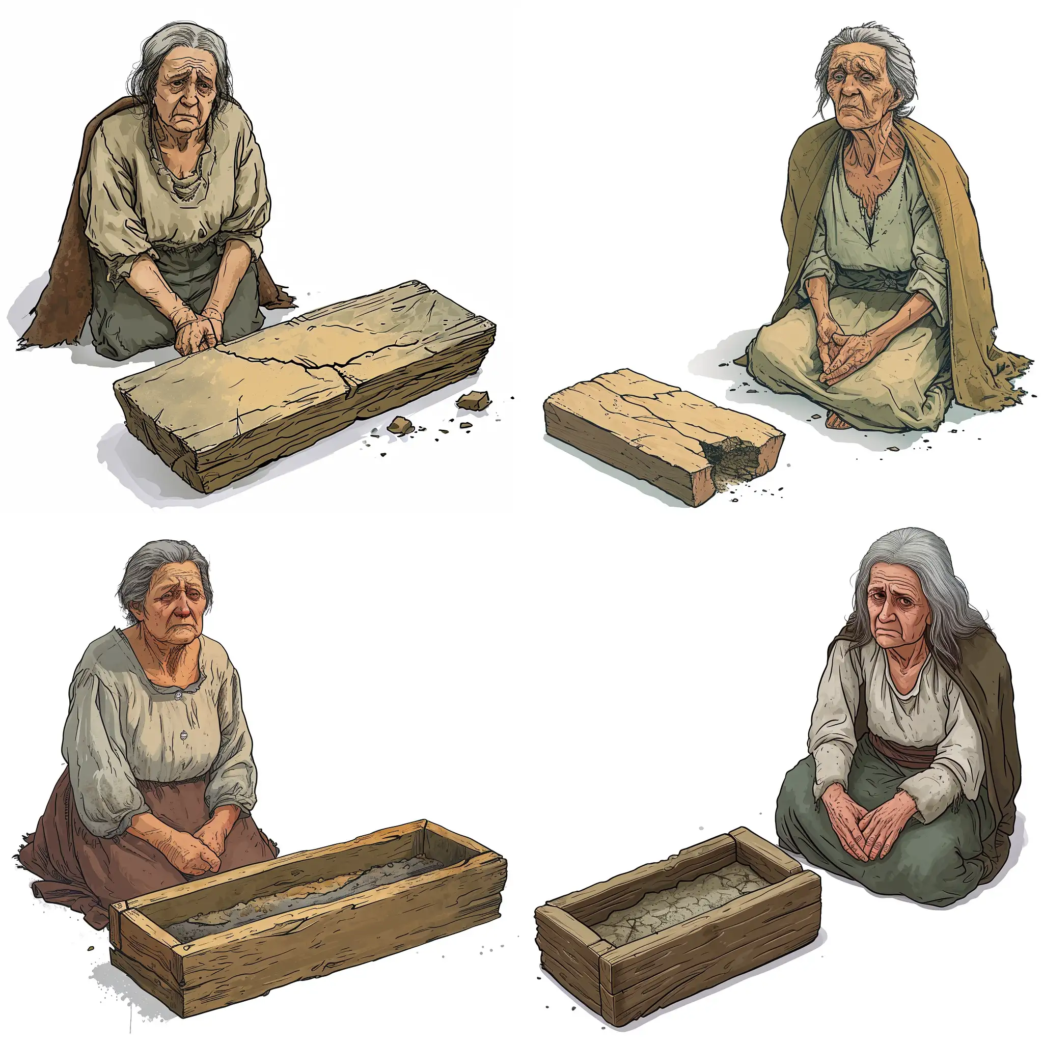A woman very old, sad, in the clothes of Ancient Russia, in a shirt, without a cloak, sits, near separately stands a rectangular wooden trough with a crack, on a white background, in the style of caricature
