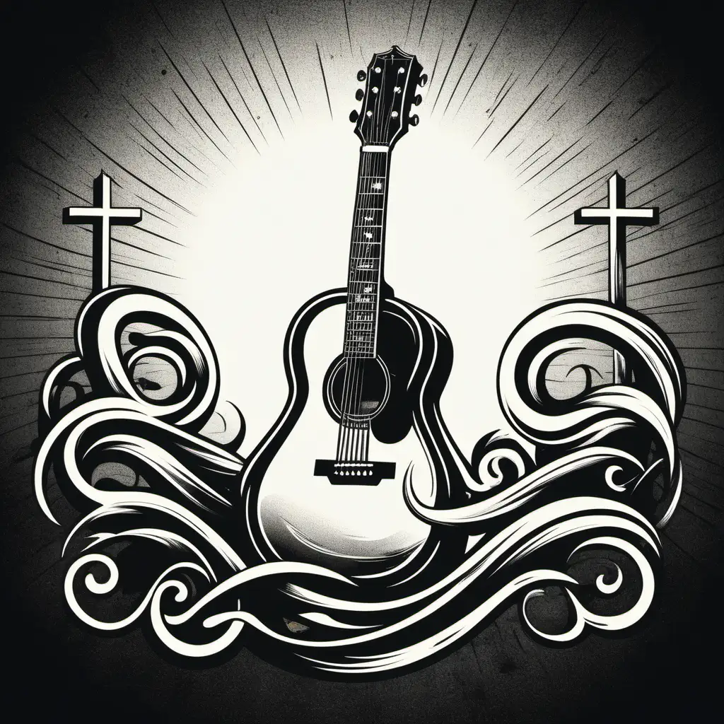 A black and white design of a guitar leaning up against a cross. 