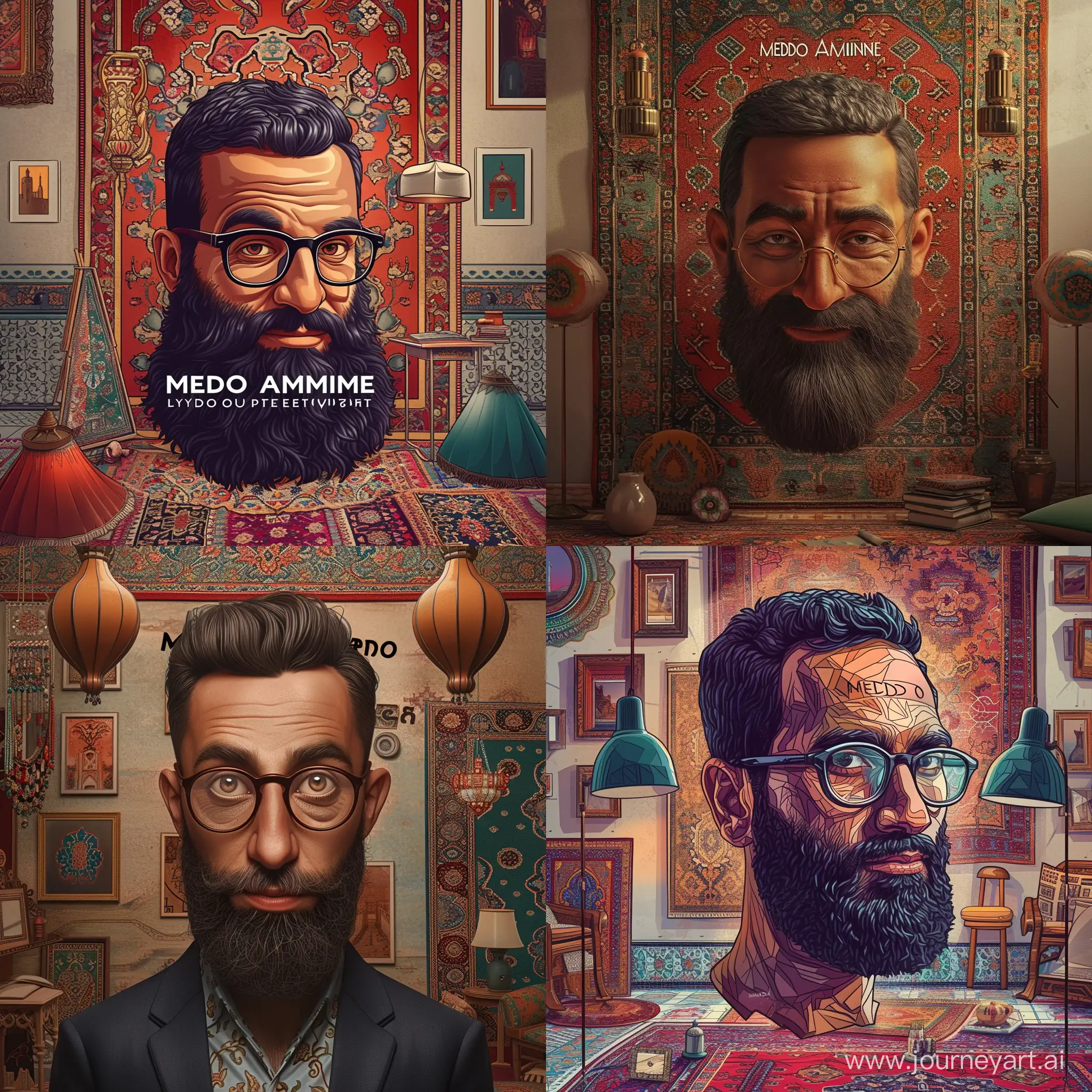 Logo: A realistic portrait of a Moroccan man with a well-groomed beard and glasses, exuding confidence and wisdom. The name "MEDO AMINE" is elegantly incorporated into the design.  Environment: A tastefully decorated room with Moroccan-inspired elements, such as vibrant rugs, ornate tiles, and traditional artwork.  Mood/Feelings: Sophisticated, cultured, and refined atmosphere, with a touch of intrigue and intellect.  Artistic Medium/Techniques: High-quality digital illustration with meticulous attention to detail, capturing the textures of the beard and glasses with precision.  Artists/Illustrators/Art Movements: Realistic portrait artists, hyperrealism, contemporary portraiture.  Camera Settings: High-resolution camera, studio lighting to capture the fine details and textures of the subject's face.