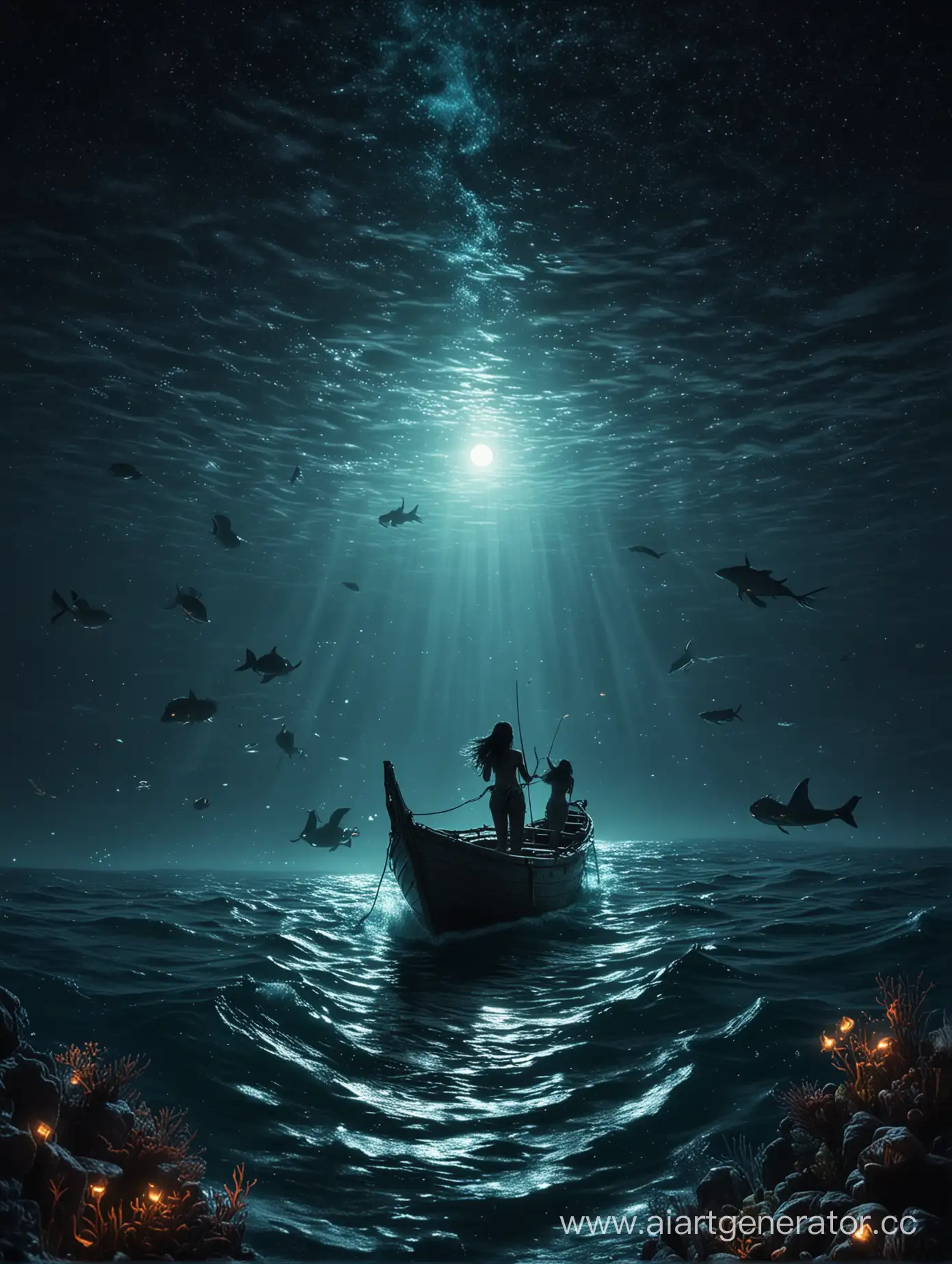 Nighttime-Encounter-Small-Boat-with-Silhouetted-Mermaids-and-Fish