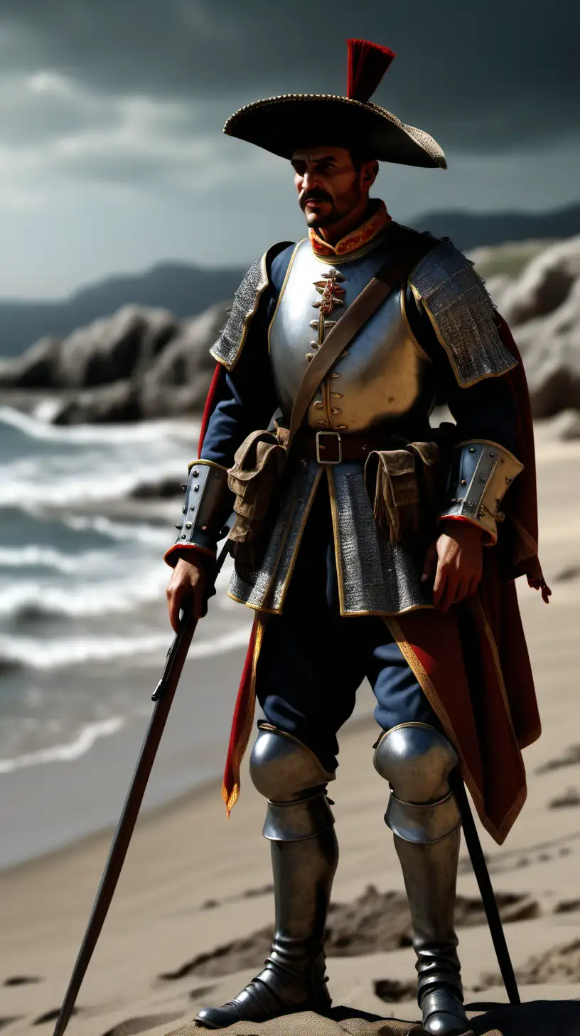 Soldado de los tercios españoles en una playa, 1550, detalles ultra realistas,iluminación cinemática,16k,alta definición 
