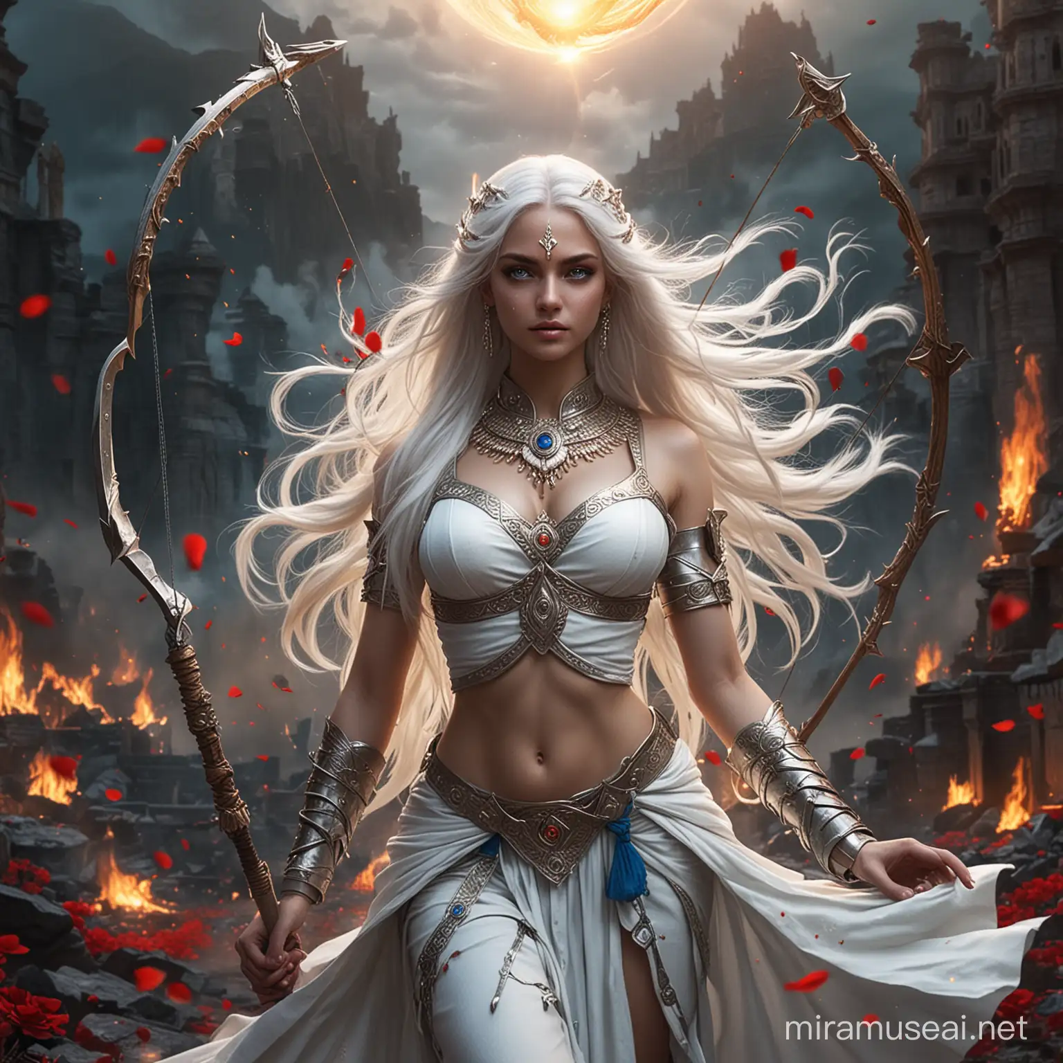 Empress Goddess in Combat WhiteHaired Warrior Amidst Cosmic Energy